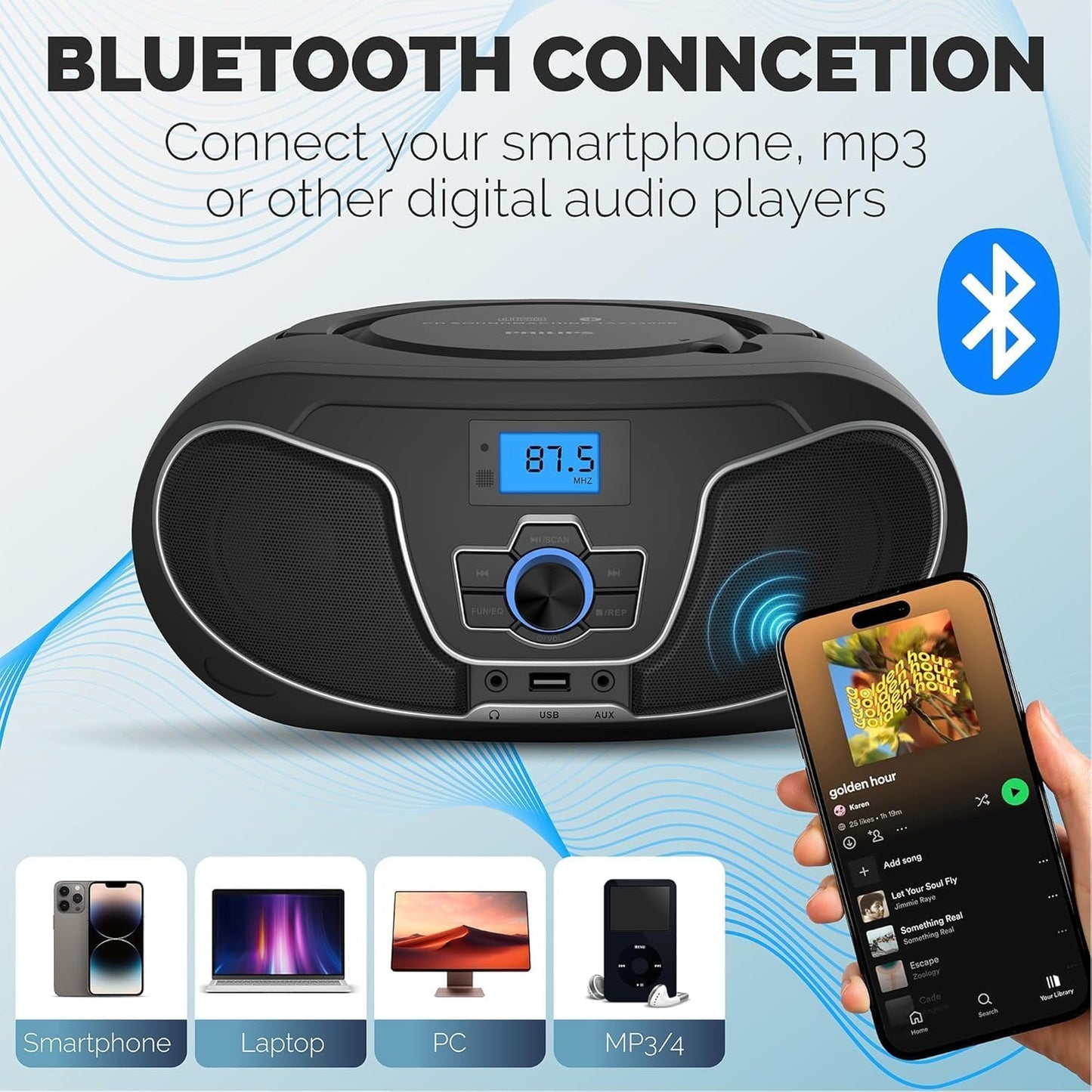 Philips Reproductor de CD Boombox, refuerzo de graves dinámico con Bluetooth, radio FM, reproducción USB y entrada AUX, Boombox portátil de carga superior, sonido estéreo claro, compatible con RW/MP3