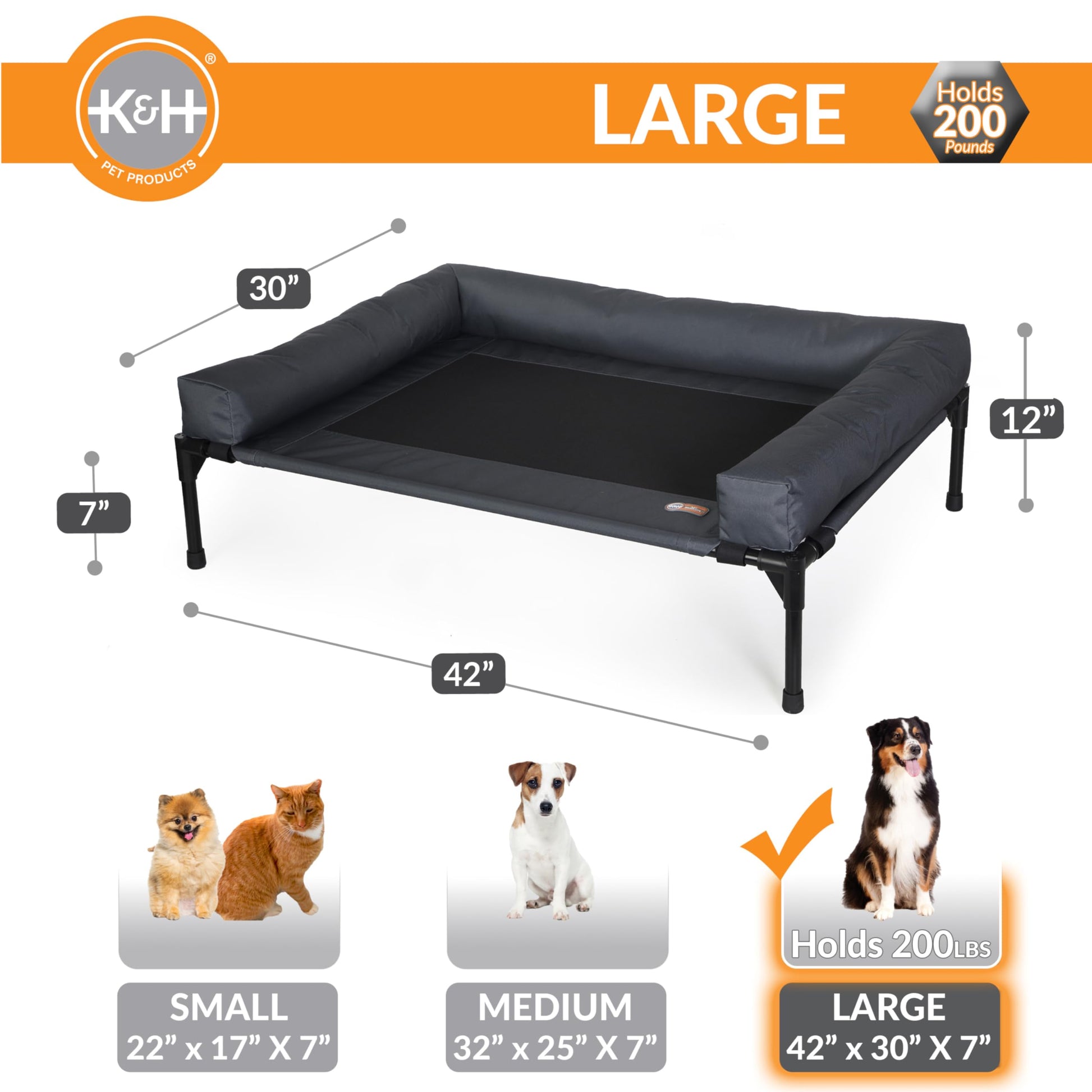 Cama Elevada para Mascotas K&H Pet Products Carbón Negro con Refuerzos Extraíbles Grande