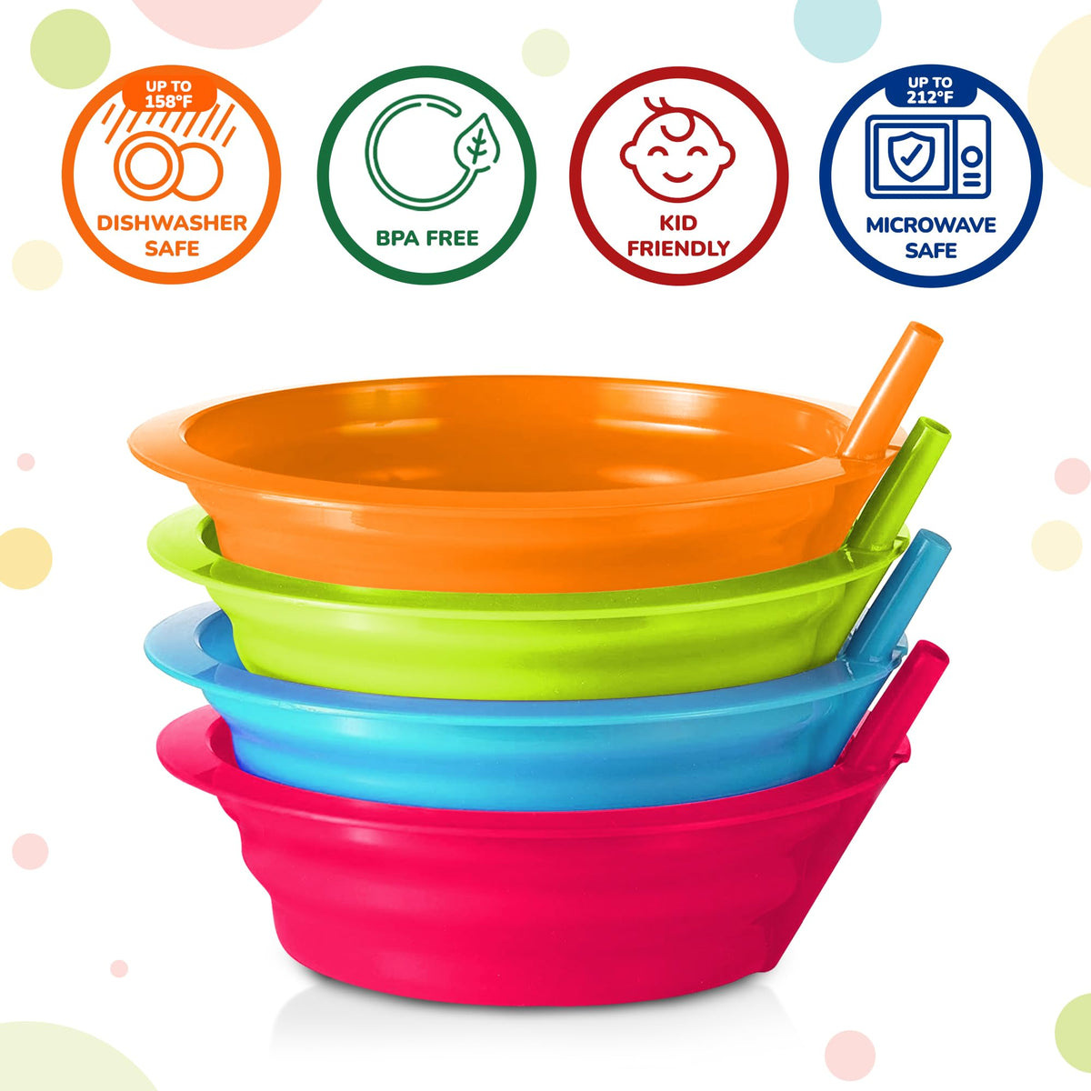 PLASKIDY - Juego de 6 cuencos de plástico con pajita para niños sin BPA, apto para lavaplatos y microondas, cuencos de 22 onzas con pajitas integradas, incluye 3 cepillos de limpieza