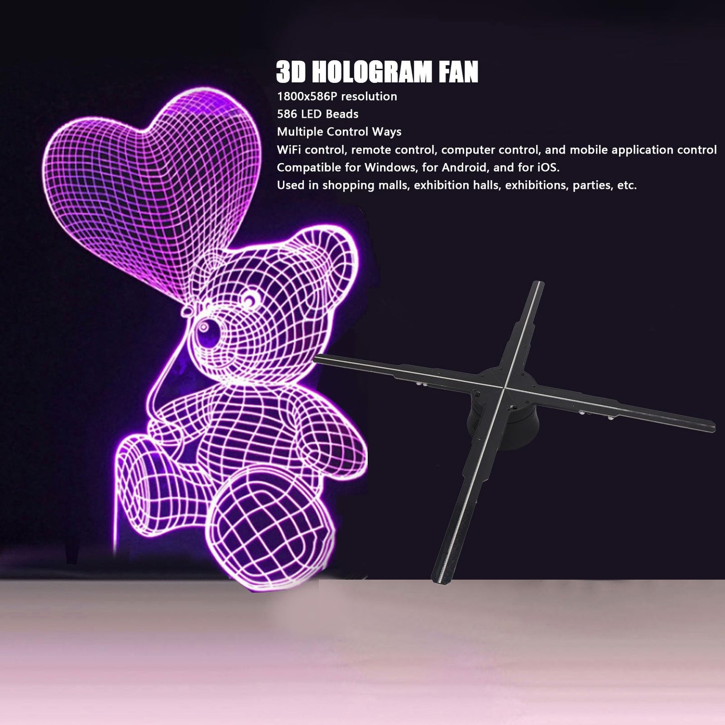 ASHATA Ventilador de Holograma 3D, Ventilador Holográfico LED HD, Máquina de Publicidad de Holograma de 19,69 Pulgadas con 586 LED 1800x586P, Pantalla Holográfica para Tiendas (US)