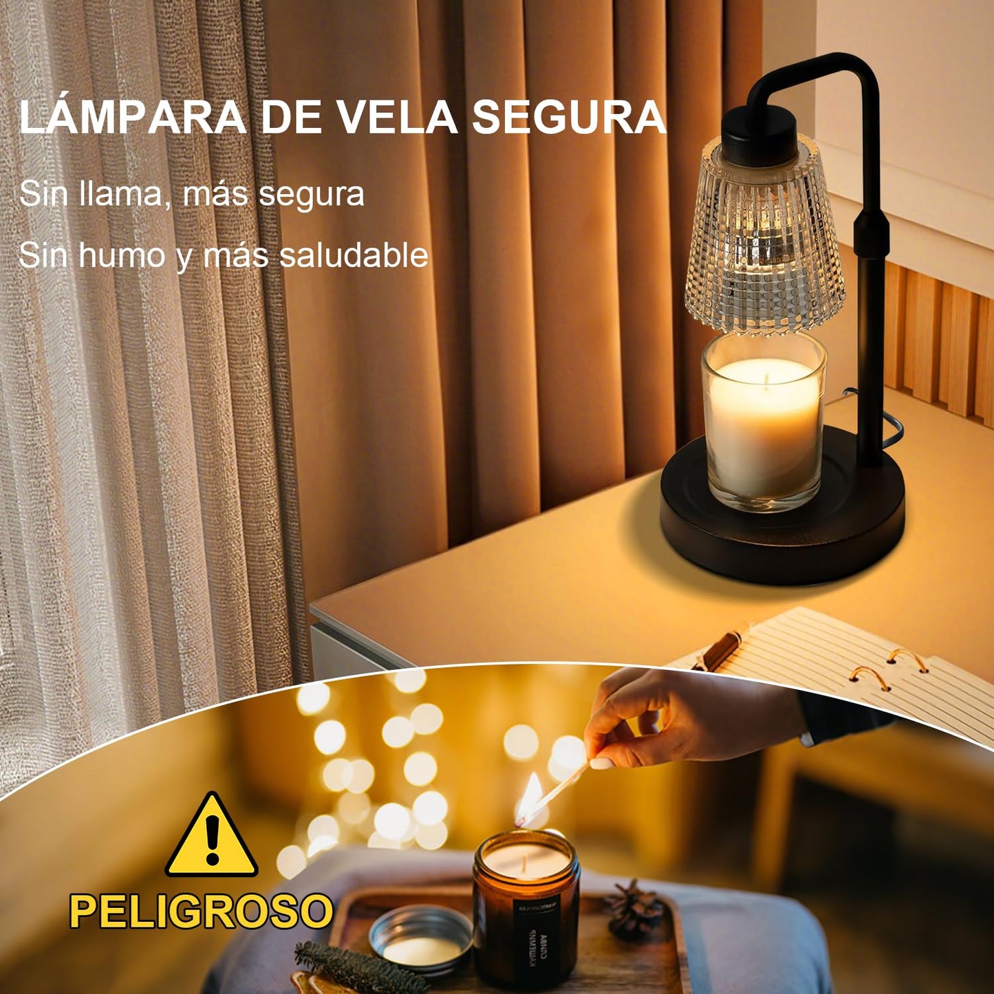 Lámpara para Velas Aromáticas con Temporizador y Regulación de Brillo, Altura Ajustable, Regalo para Nuevo Hogar, Decoración de Habitación, Lámpara Calentadora de Velas con 2 Bombillas