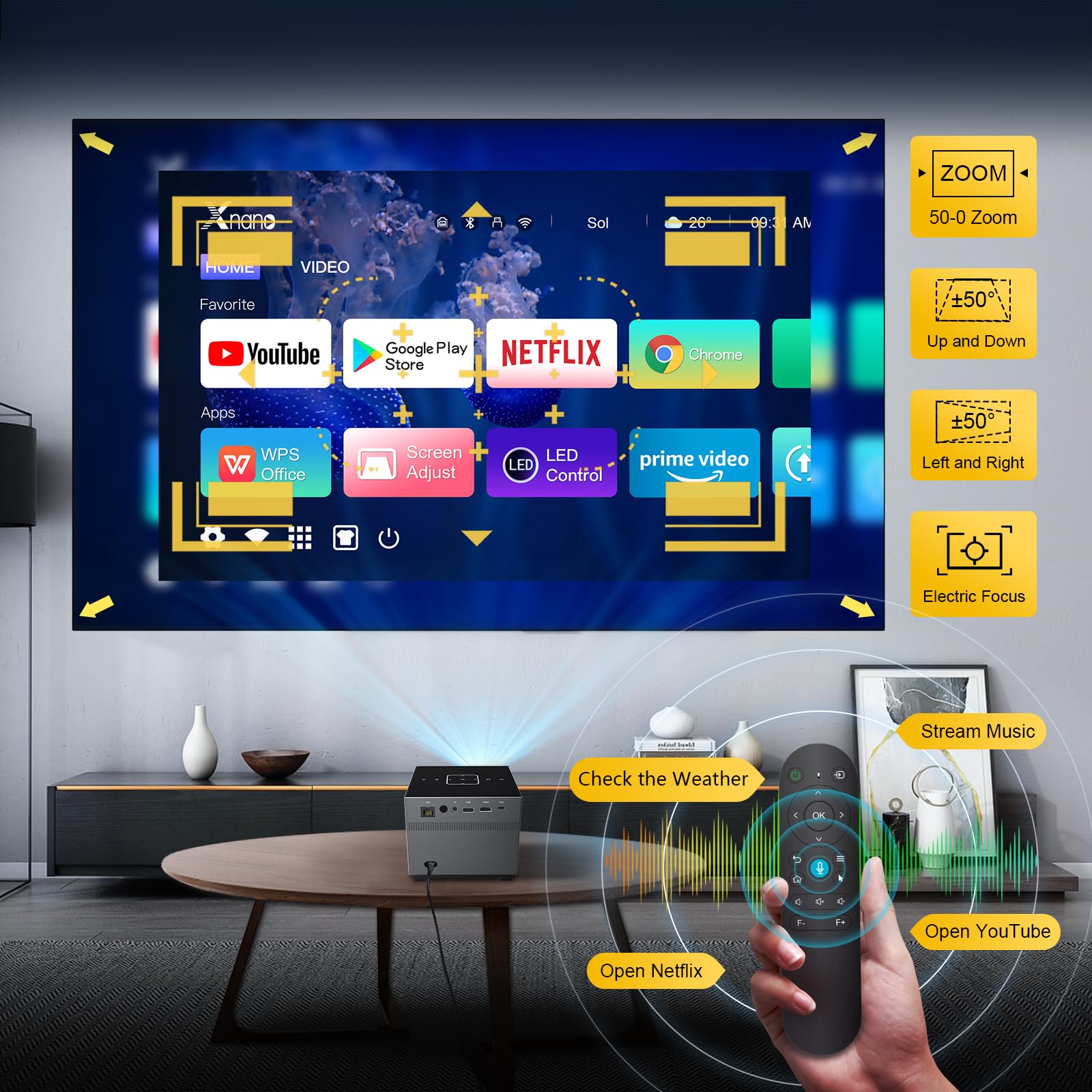 XNANO [Licencia de Netflix y AI Enfoque Eléctrico] Proyector 4K Compatible con Wi-Fi 6 y Bluetooth 5.0, Full HD 1080P para Cine en Casa con Asistente de Voz Inteligente y Corrección Trapezoidal 4D/4P