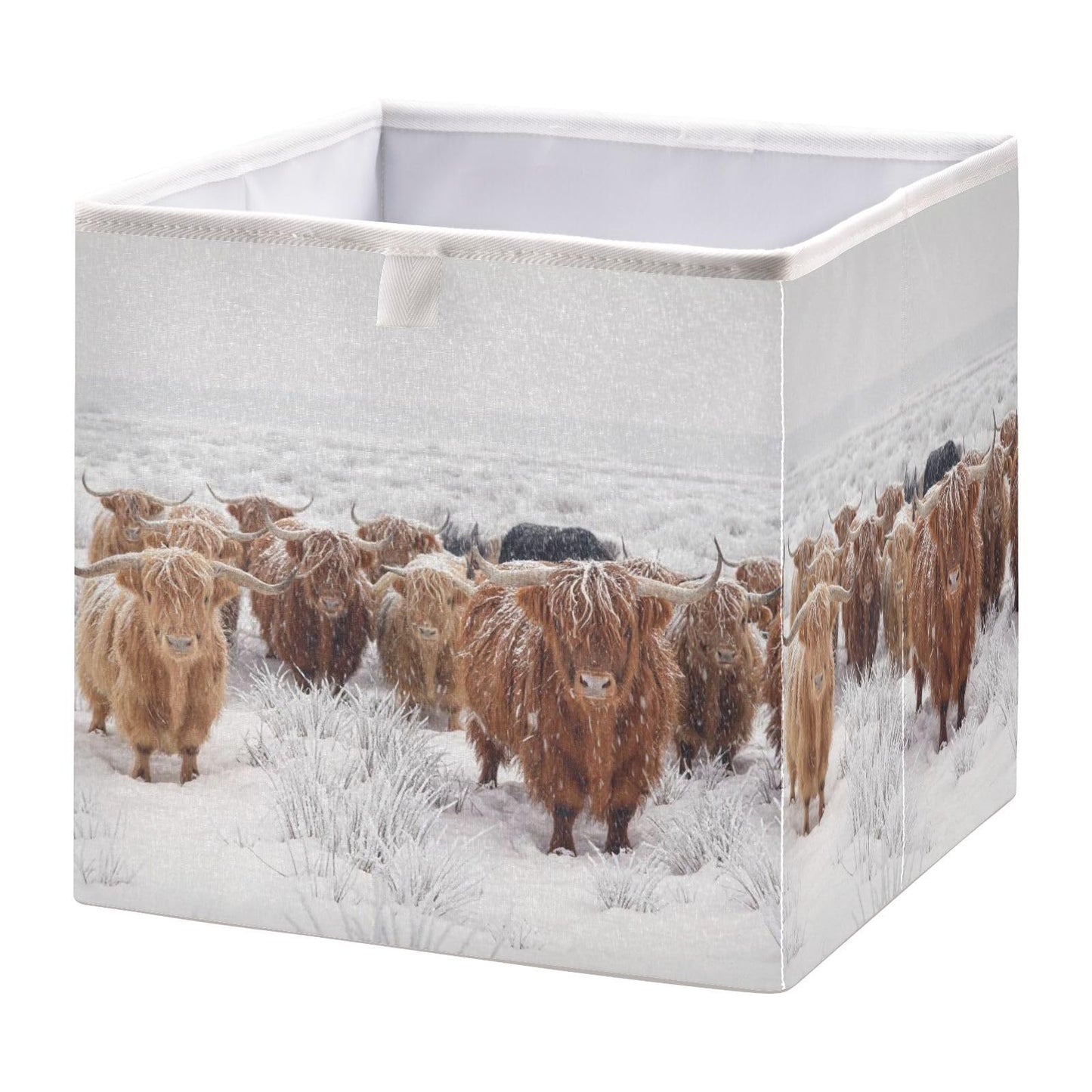 linqin Contenedores de almacenamiento abiertos plegables de vaca escocesa de las tierras altas en un invierno natural, cesta de almacenamiento plegable para guardería, cubo de tela, organizador rectangular con asas para estantes, armario, decoración del h