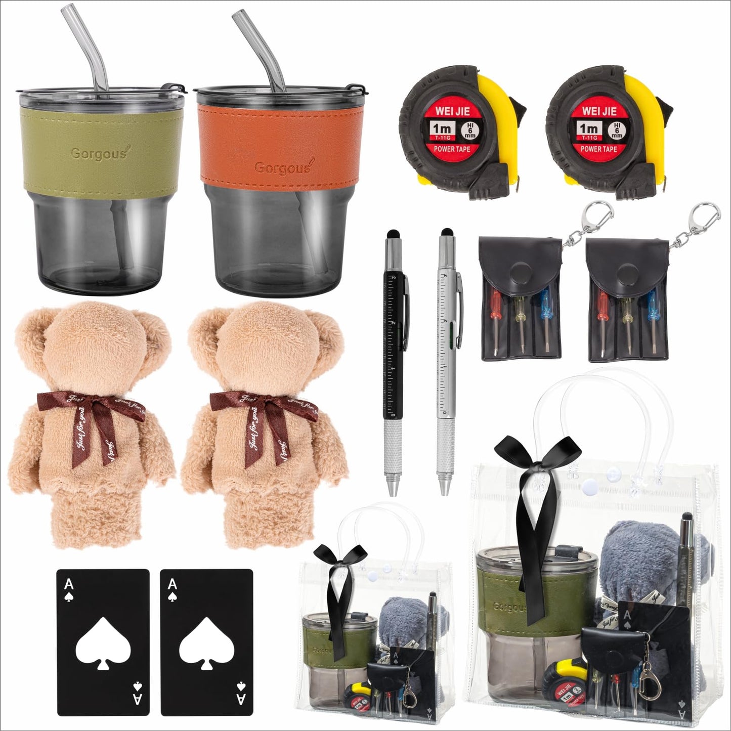 Buecobby - Juego de 2 premios para baby shower para hombres, con paño de limpieza de vasos de vidrio, mini destornillador, juego de llaveros, multiherramientas, premios divertidos y útiles para