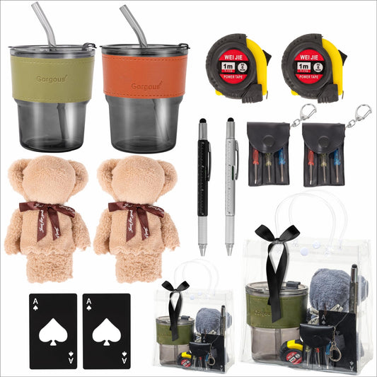 Buecobby - Juego de 2 premios para baby shower para hombres, con paño de limpieza de vasos de vidrio, mini destornillador, juego de llaveros, multiherramientas, premios divertidos y útiles para