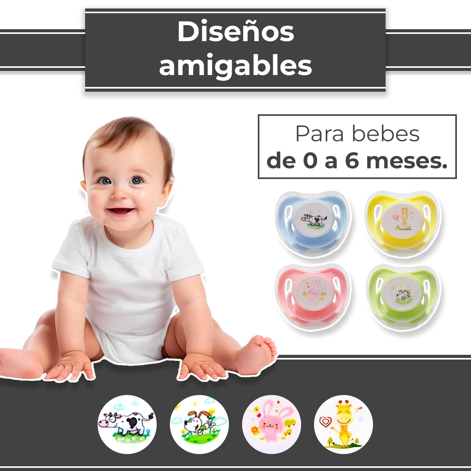 Chupón Ortodóntico Desarrolla Sentidos de tu Bebé con Tapa Protectora, Dibujos Animados, 1m+ (Rosa - Conejito)