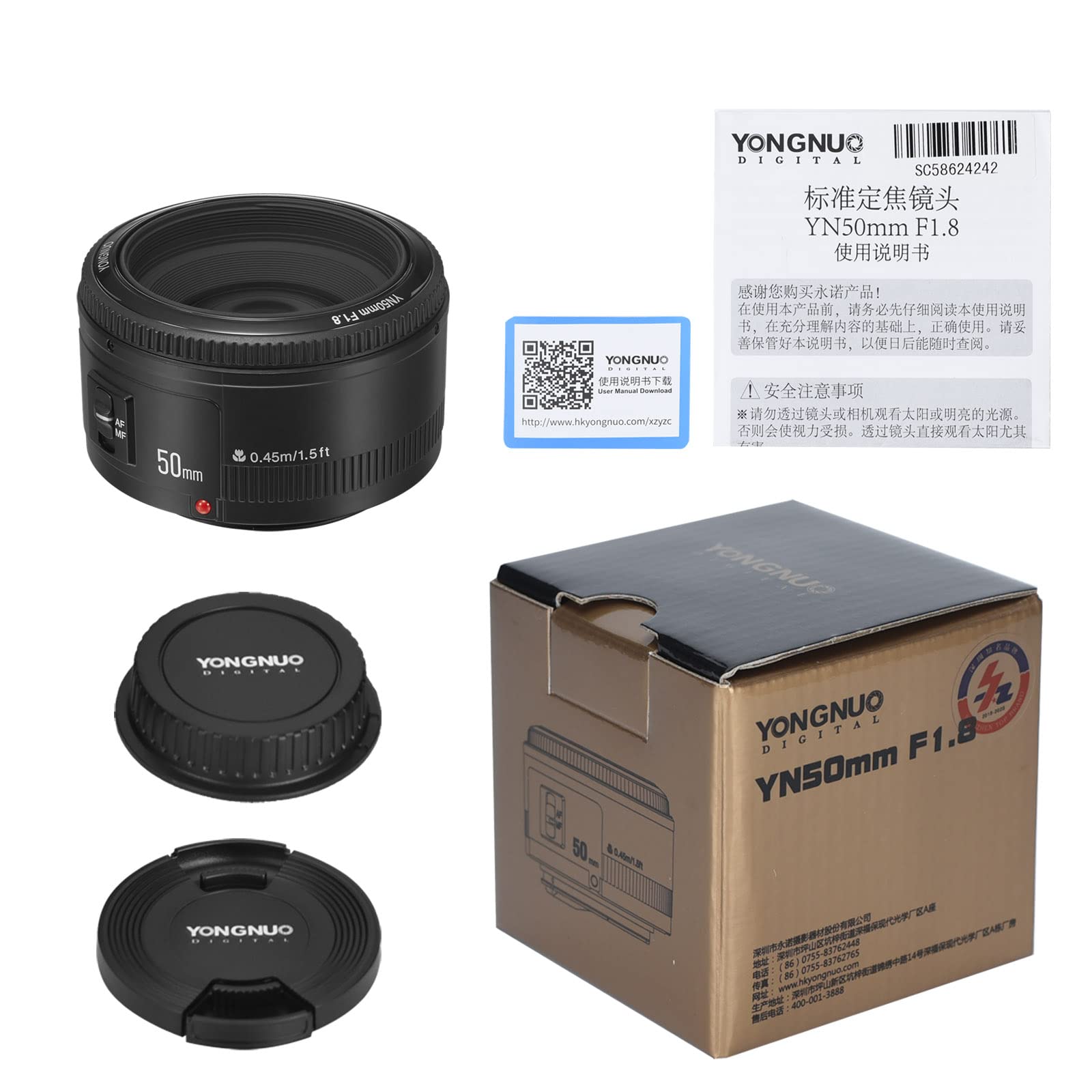 YONGNUO YN50mm F1.8 Lente de gran apertura de enfoque automático compatible con cámara Canon EF Mount EOS