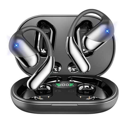 Auriculares Inalámbricos de Conducción Ósea con Ganchos Negros y Funda de Carga LED