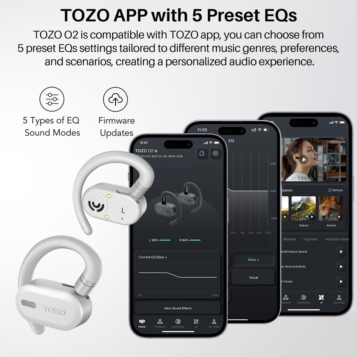 Auriculares Inalámbricos TOZO O2 Blanco con Ajuste Multiángulo y Diseño de Doble Eje para Conducir