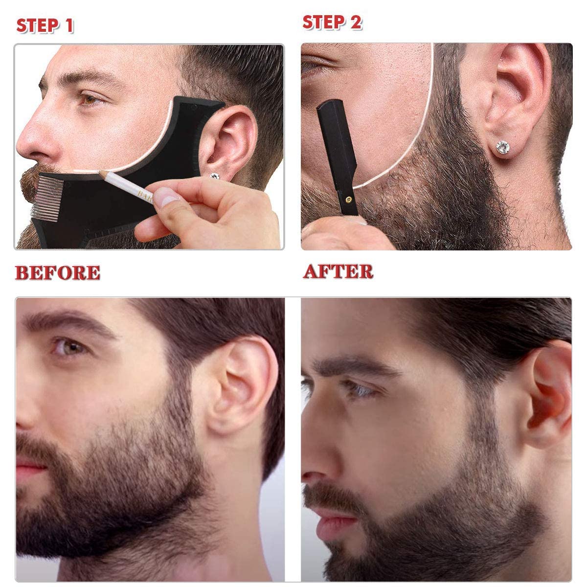 CUKBLESS Moldeador de barba, herramientas de moldeo de barba, incluye guía de plantillas de barba, maquinilla de afeitar profesional de borde recto, 10 unidades de hoja de doble filo, lápiz de barba, peine de barba, 2 tijeras de acero inoxidable