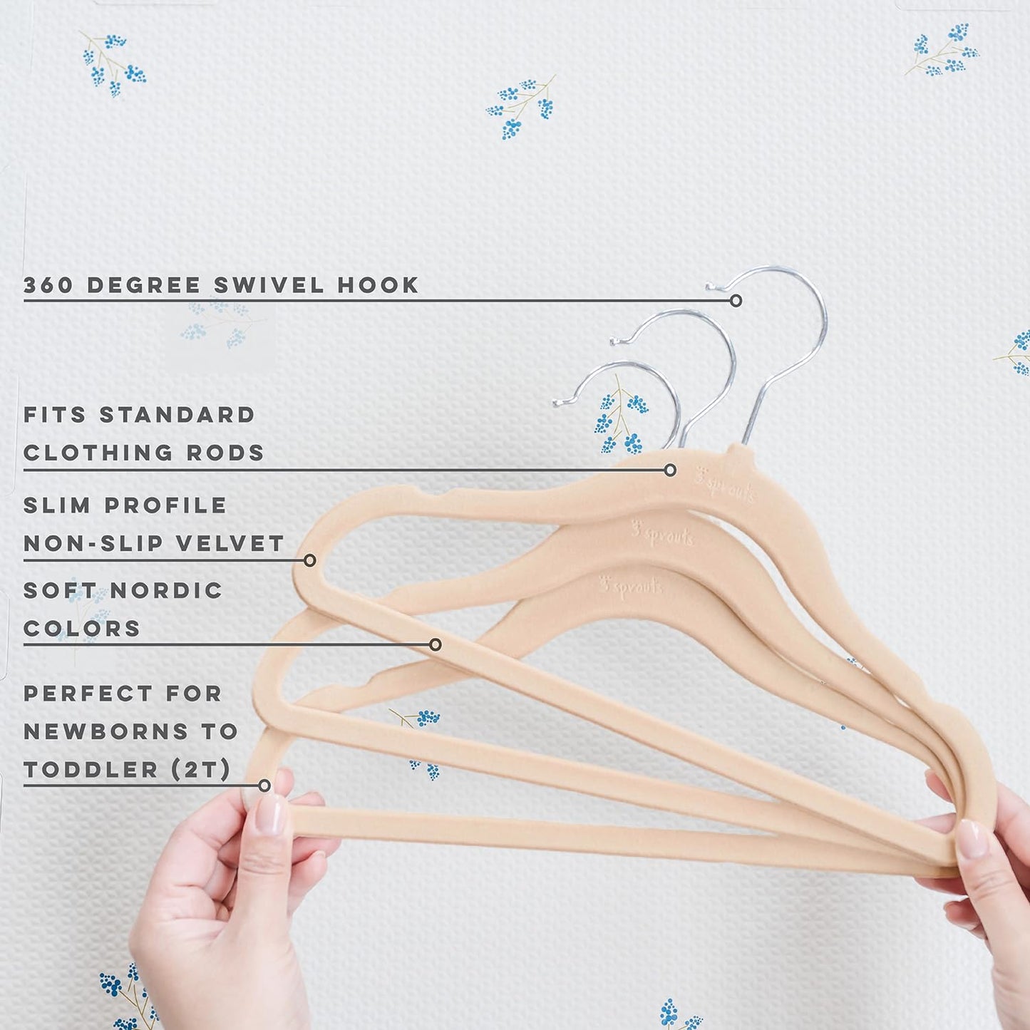 3 Sprouts 30 Perchas de Terciopelo para Bebé y Niños Pequeños - Antideslizantes, Perchas Delgadas para Ropa de Bebé, Color Avellana