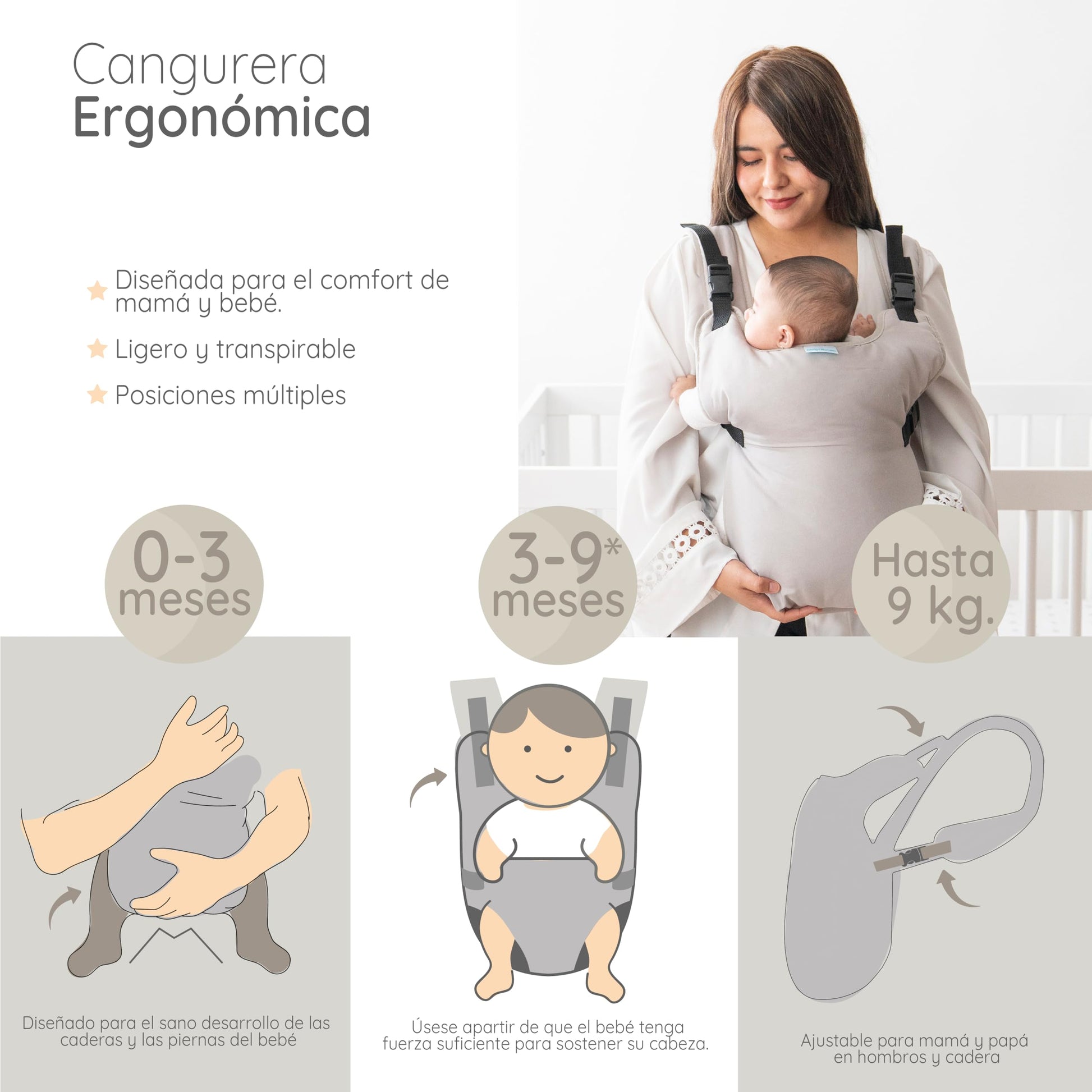 CHIQUI MUNDO Cangurera Portátil para Bebé Ergonómica Ajustable con Soporte Lumbar Asiento Firme Canguro para Bebé Portátil &Traspirable 0-9 Meses 100% Microfibra.