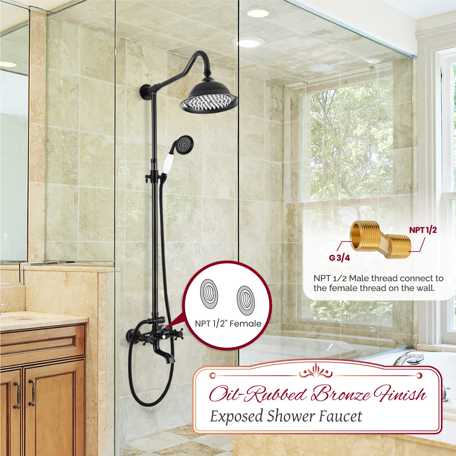 Juego de sistema de ducha expuesto de bronce aceitado para grifo de ducha 8 duchas de lluvia, 2 pomos dobles, mango de triple función, boquilla de tina, juego de unidad combinada de 12 pulgadas de extensión incluida