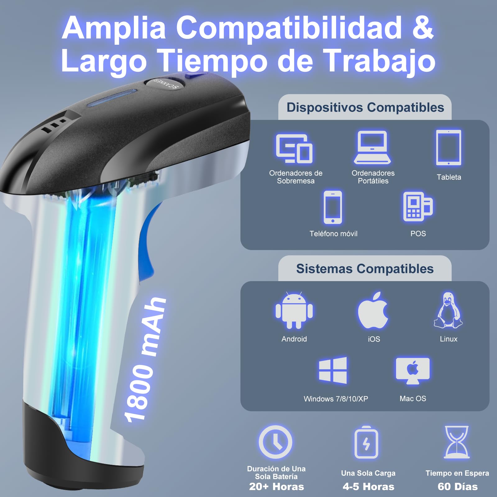 Escaner Codigo de Barras 3 en 1 - 2D 1D Lector Código de Barras Bluetooth Inalámbrico 2.4GHz - Scanner Código de Barras Láser Alámbrico para Supermercado/Biblioteca/Teléfono Android/iOS/PC/Windows/Mac