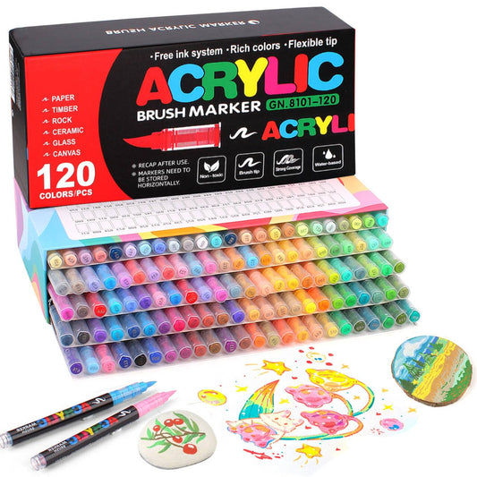 Marcadores Acrílicos 120 Colores Punta Brush – Tinta Acrílica Líquida de 2.4 ml, Caja de 5 Niveles, Ideal para Arte en Roca, Madera, Vidrio, Tela y Más – Rotuladores Acrílicos de Pintura
