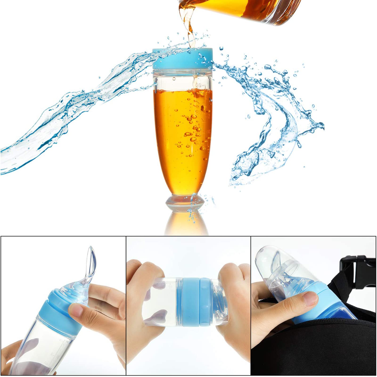 Biberón, diseño de ventosa de 90 ml Dispensador de alimentación de alimentos para bebés Cuchara de silicona para dispensar y alimentar alimentos para bebés (Azul)