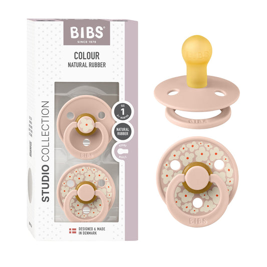 BIBS Chupones Studio Block Colour Pack de 2, Tetina redonda de látex natural, Talle 1, Color Blush Mix, 0 a 6 meses, Hecho en Dinamarca
