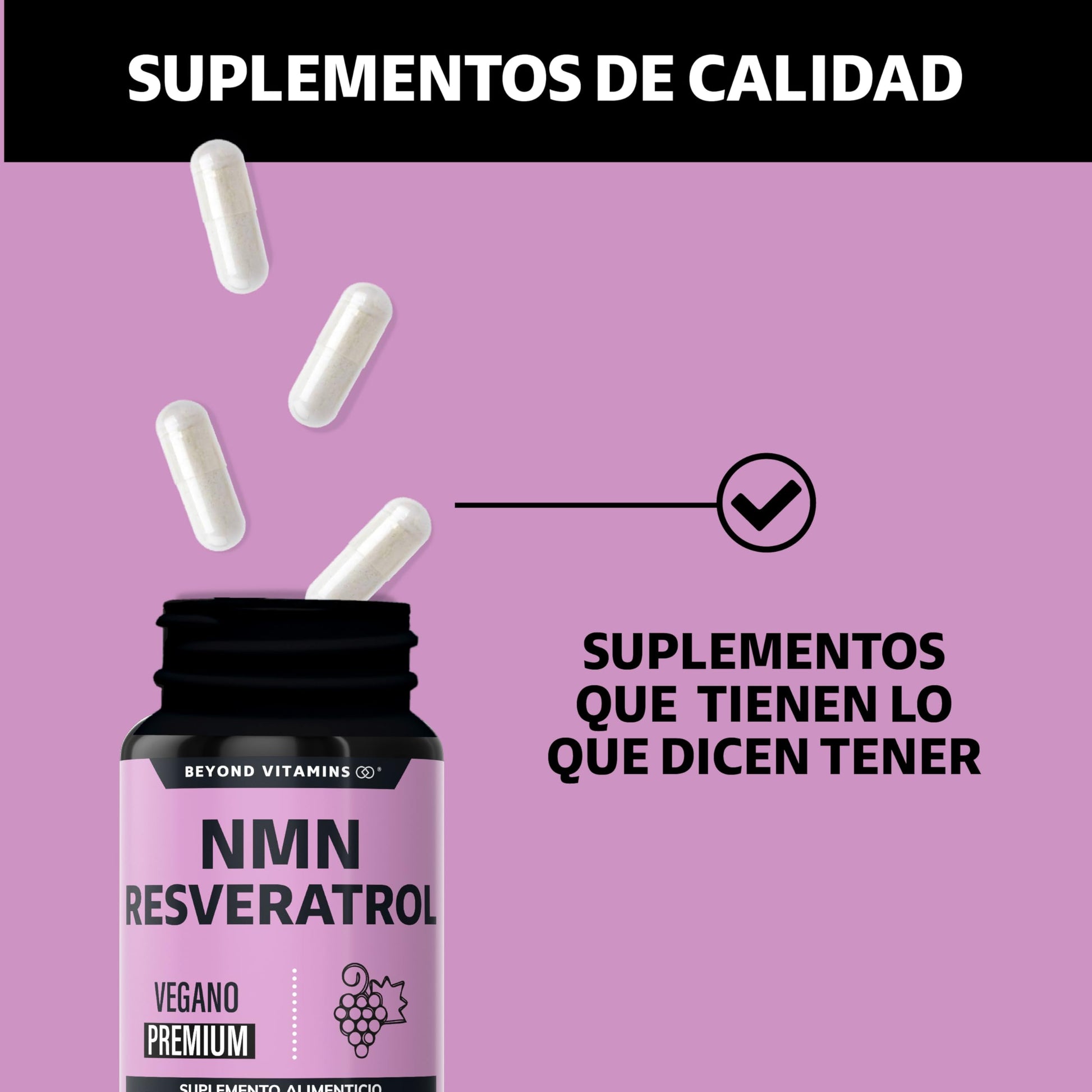 Cápsulas Veganas Beyond Vitamins NMN y Resveratrol Premium Blend 99% para Producción de NAD+ 60 vcaps