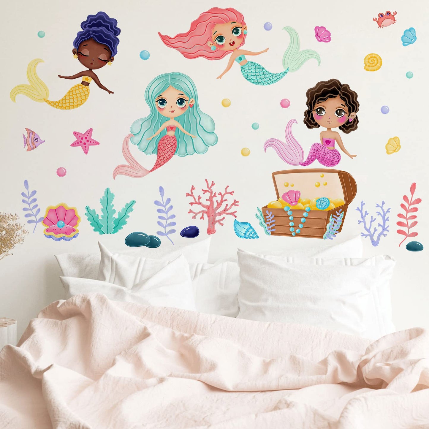 Mfault - Calcomanías de pared de sirena negra bajo el mar, multiculturales criaturas del océano, decoración del cuarto de bebé, arte de sala de juegos, playa costera, burbuja, habitación de niños, cuarto de baño, decoración del hogar