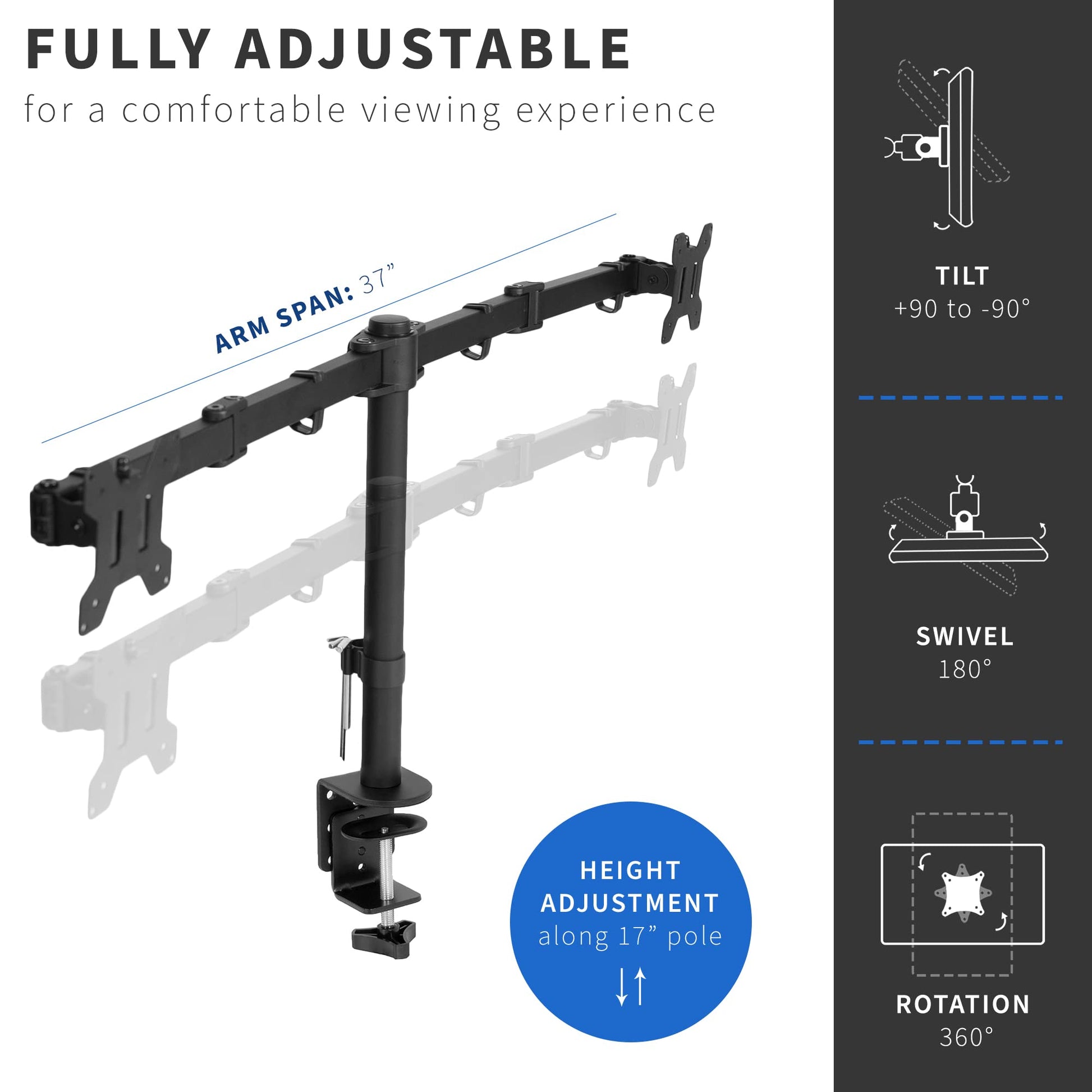 Soporte de Montaje de Escritorio VIVO Negro para Monitor Dual de Movimiento Completo VESA