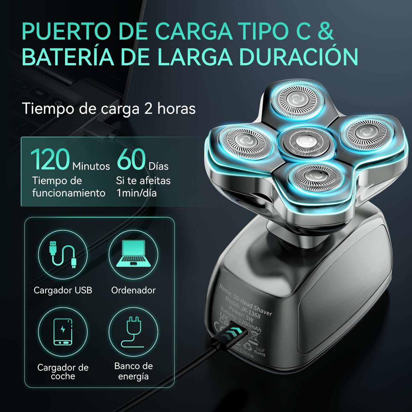 Rasuradoras para Hombre 3 en 1, Kensen Afeitadora Cabeza Hombre IPX6 Impermeable, Maquina Afeitar Cabeza con Cabezales Magnéticos 5D, Cortapelos Barba y Nariz, Afeitado en Seco y Húmedo, Carga USB-C