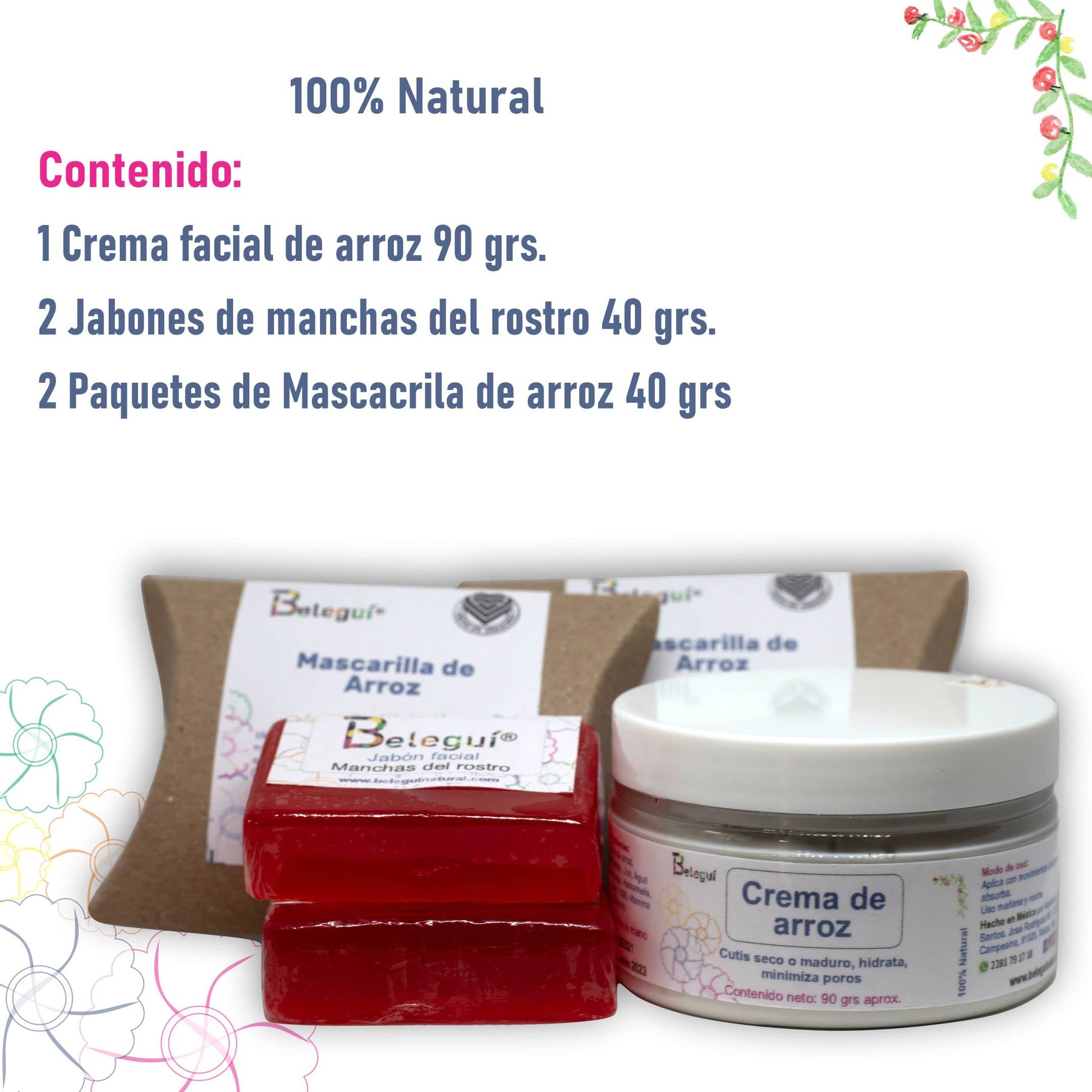 Beleguí, Kit Arroz 5 Piezas. Crema, Jabones y Mascarilla de arroz. Hidratar, líneas de expresión. Piel seca o madura