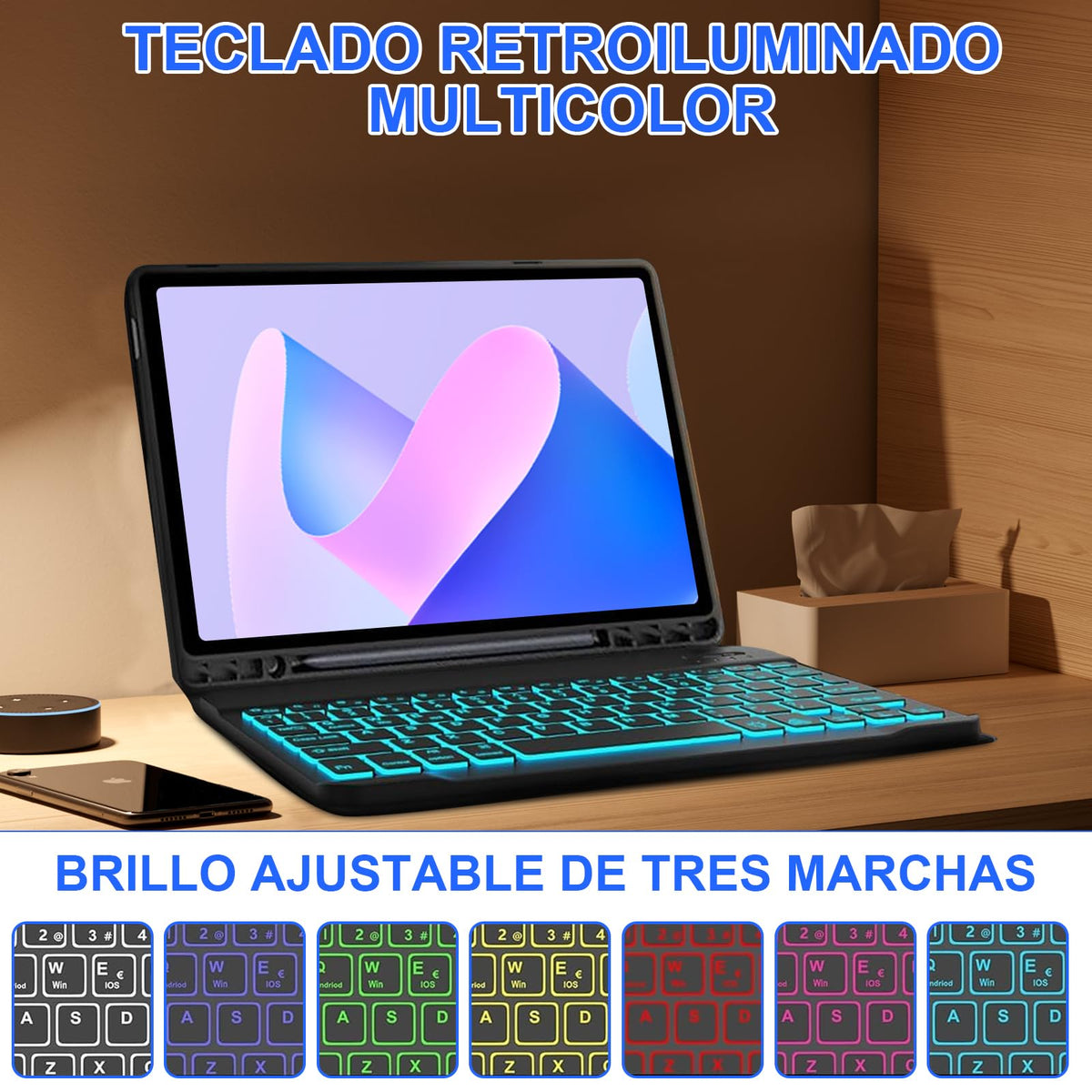Funda Teclado Español CAVIGLTE Negro Retroiluminado 7 Colores con Ratón para Samsung Galaxy Tab A9+ A11+
