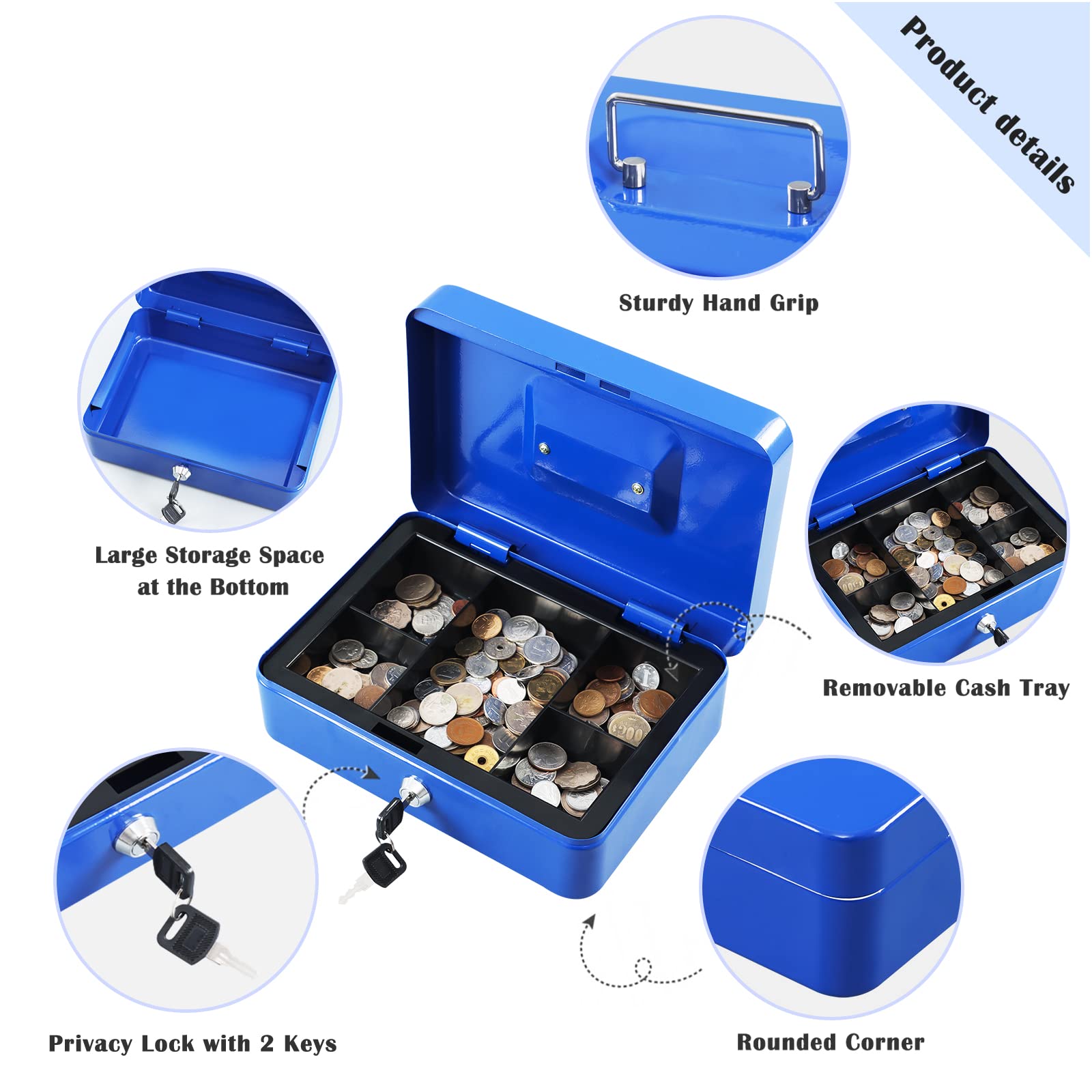 Caja de Acero xydled Azul con Bandeja Extraíble para Monedas y Cerradura de Llave