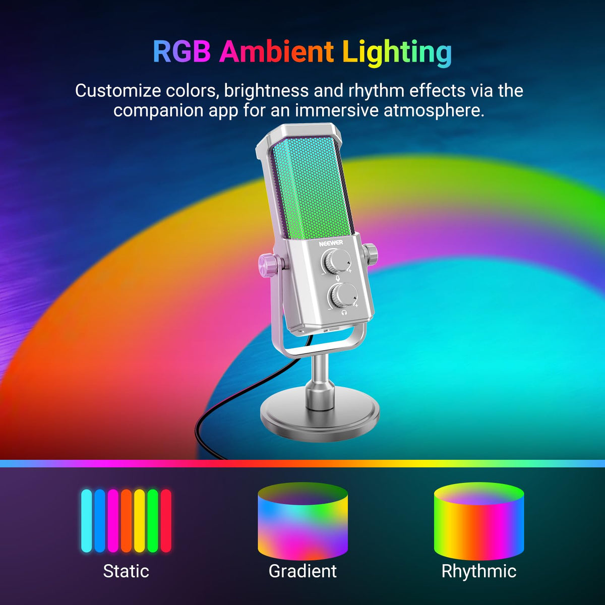 Micrófono USB NEEWER UM01 Plata Cancelación de Ruido RGB para Podcasting