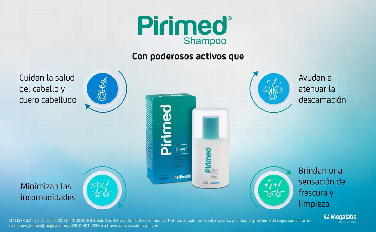 Pirimed Champú | tratamiento anticaspa | coadyuvante en el tratamiento de la caspa | frasco con 120ml