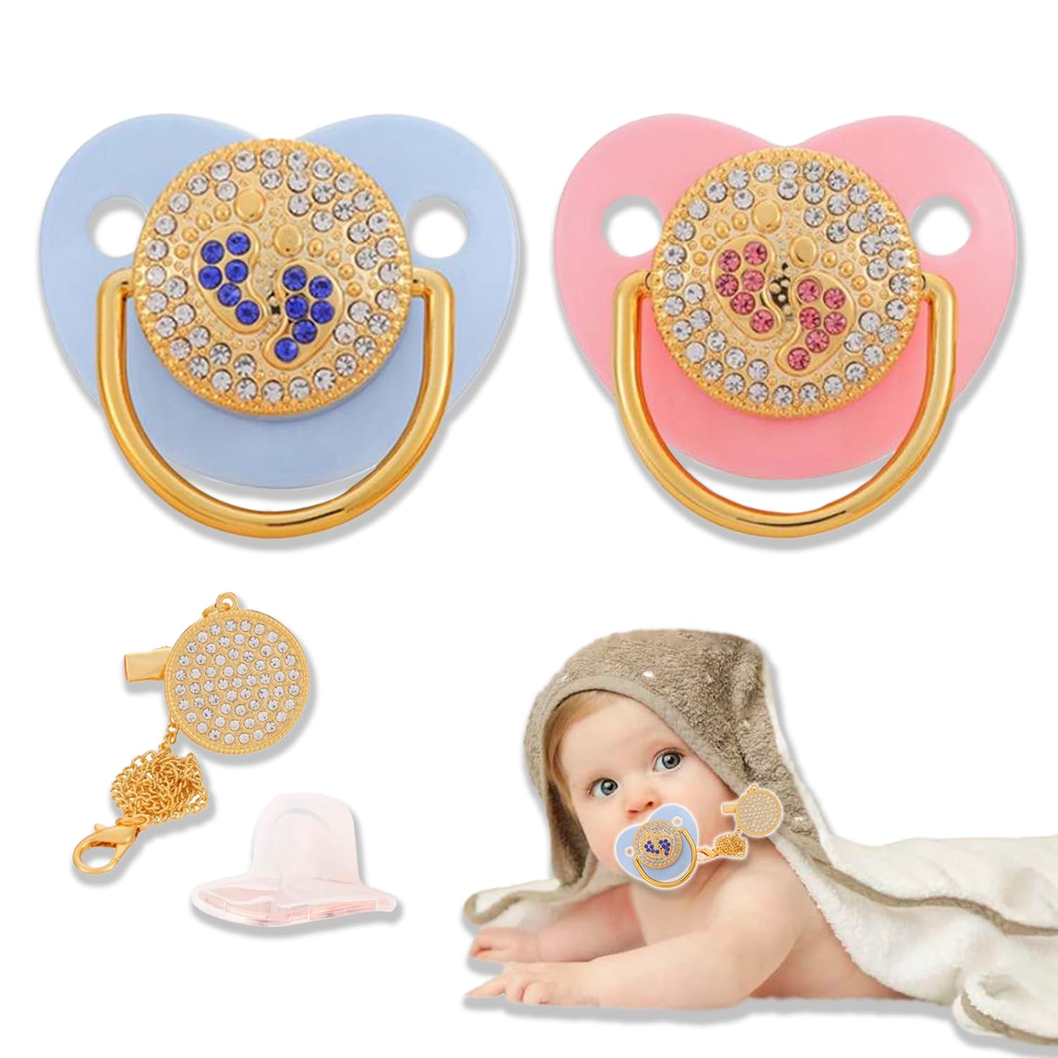 Chupón Sweet Baby Rosa Oro Diamantes Diseño VIP con Sujetador Mordedera Ergonómica Sin BPA para Bebé 0 a 18 Meses