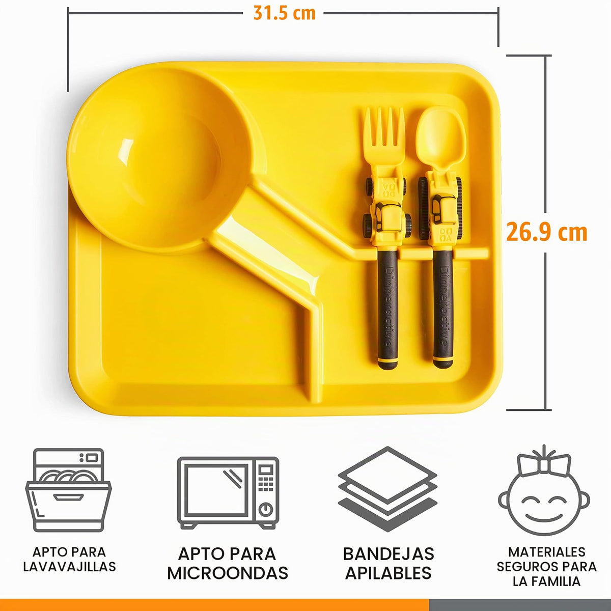 Dinneractive Juego de comedor para niños, vajilla temática de construcción de 3 piezas, utensilios de tractor, platos para bebés