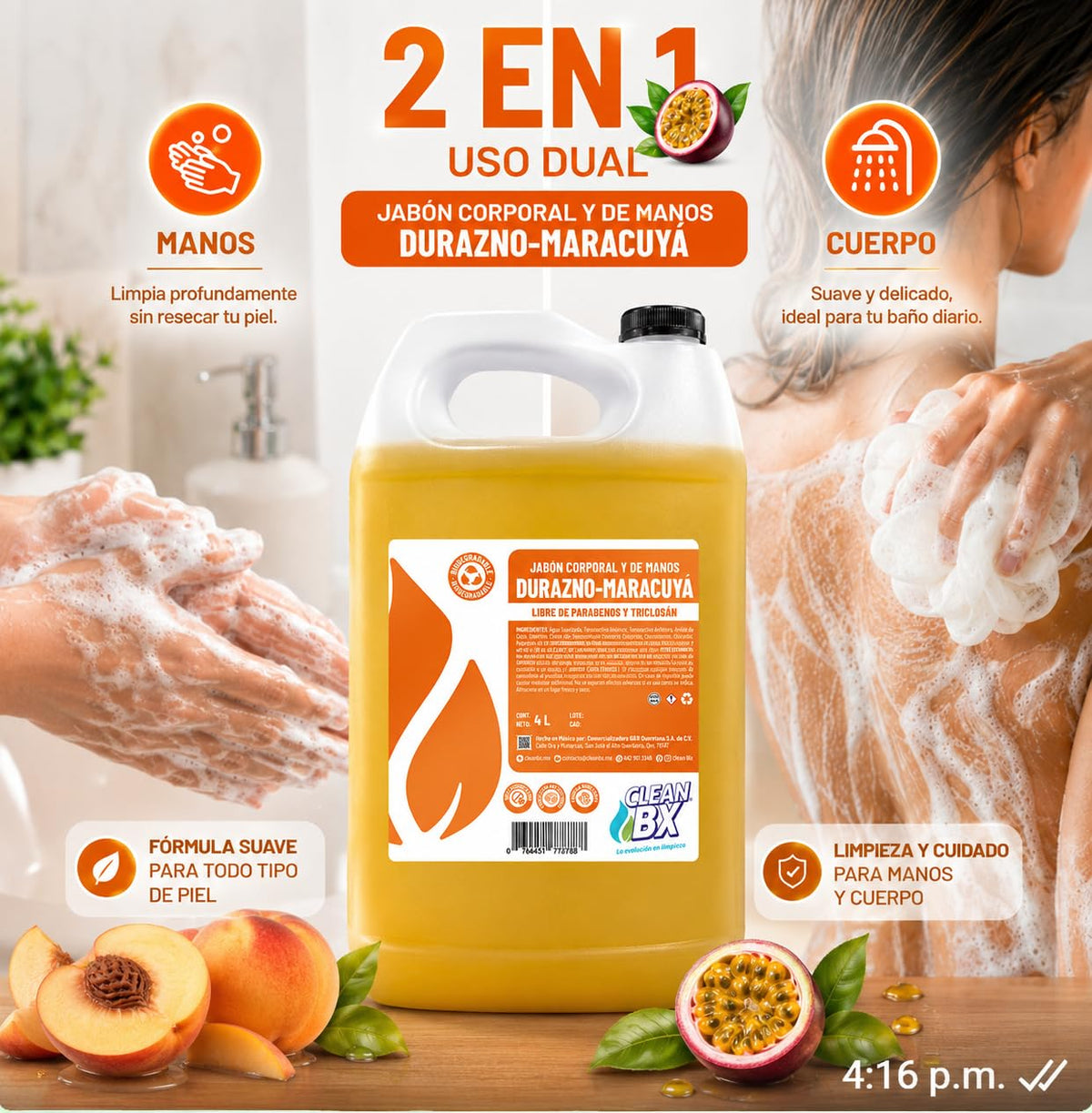 Jabón Líquido Para manos y Cuerpo Aroma Durazno-Maracuya 4L | Aroma Relajante, Hidratante y Uso Diario