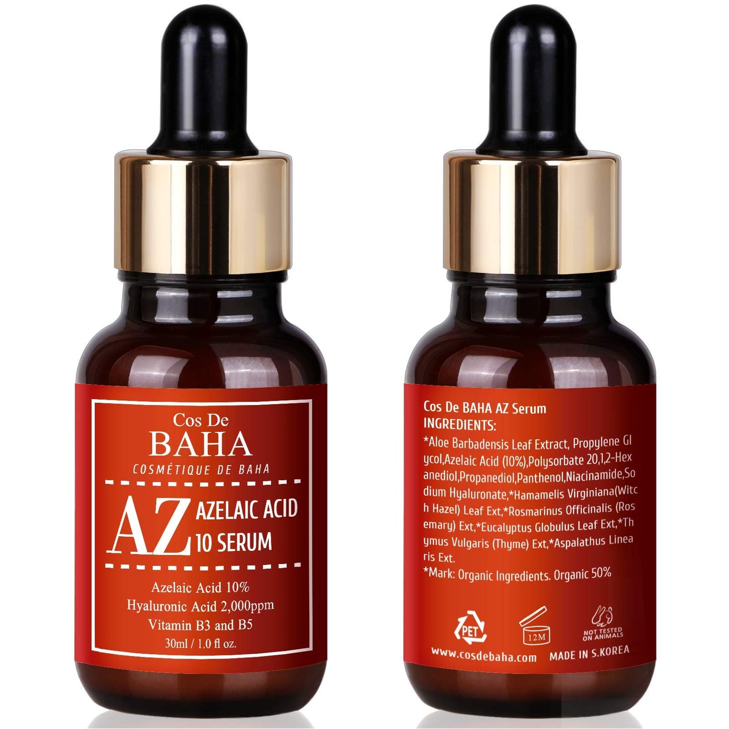 Cos De BAHA Sérum facial de ácido azelaico 10% con niacinamida, para el cuidado de la piel de rosácea, de cicatriz de acné quístico - 1 oz, 30 ml