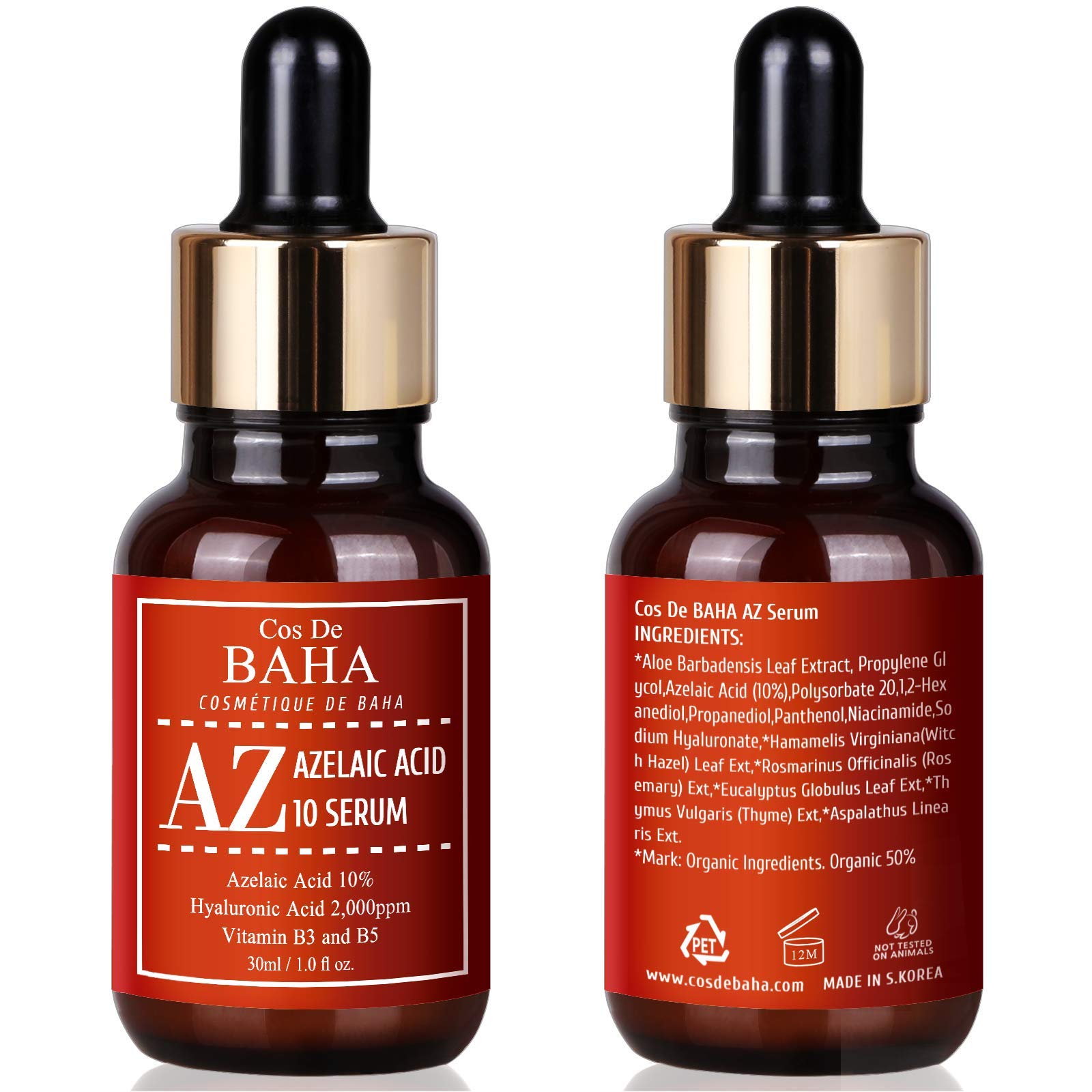 Cos De BAHA Sérum facial de ácido azelaico 10% con niacinamida, para el cuidado de la piel de rosácea, de cicatriz de acné quístico - 1 oz, 30 ml