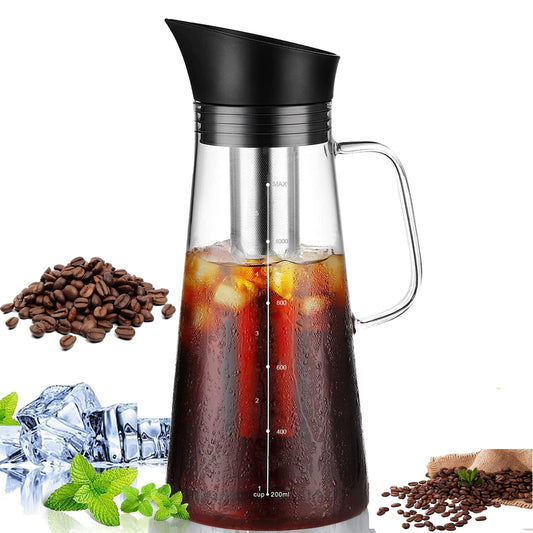 Café En Frío Cold Brew Jarra De Vidrio,1.2L Cafetera Cold Brew Vidrio de Primera Calidad Tetera Helada,Con filtro de acero inoxidable extraíble y tapa hermética,Apto para té de frutas o café