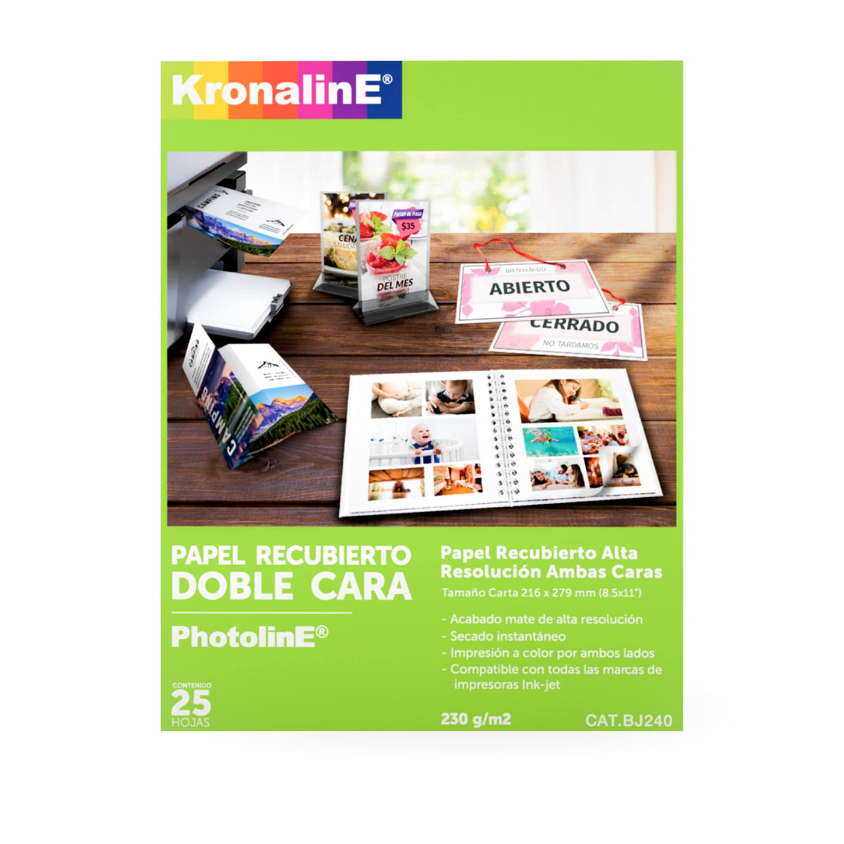 Papel Recubierto Kronaline Alta Resolución Blanco Doble Cara 230g/m2 Para Impresora De Inyección De Tinta Acabado Mate 25 Hojas Tamaño Carta