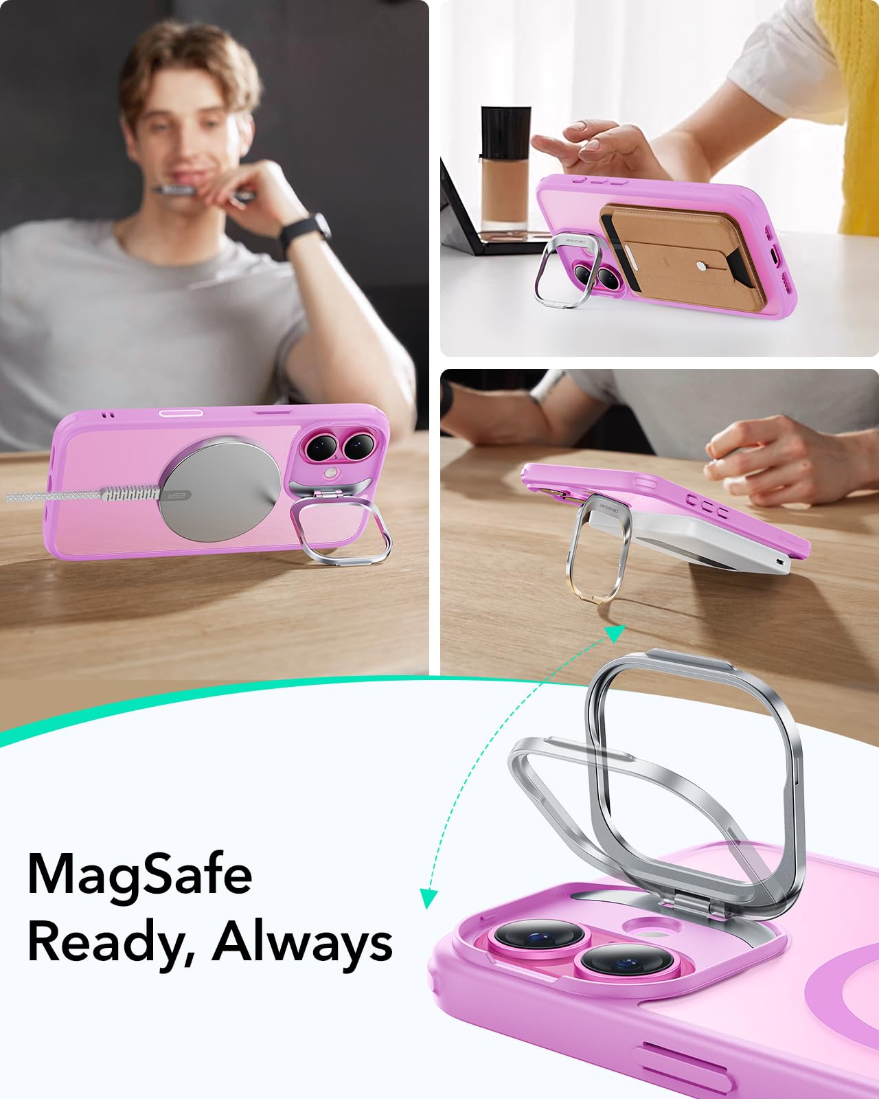 ESR - Funda para iPhone 16, botón de control de cámara compatible con MagSafe, protección de grado militar, soporte integrado, funda trasera resistente a arañazos, clásica, rosa esmerilado