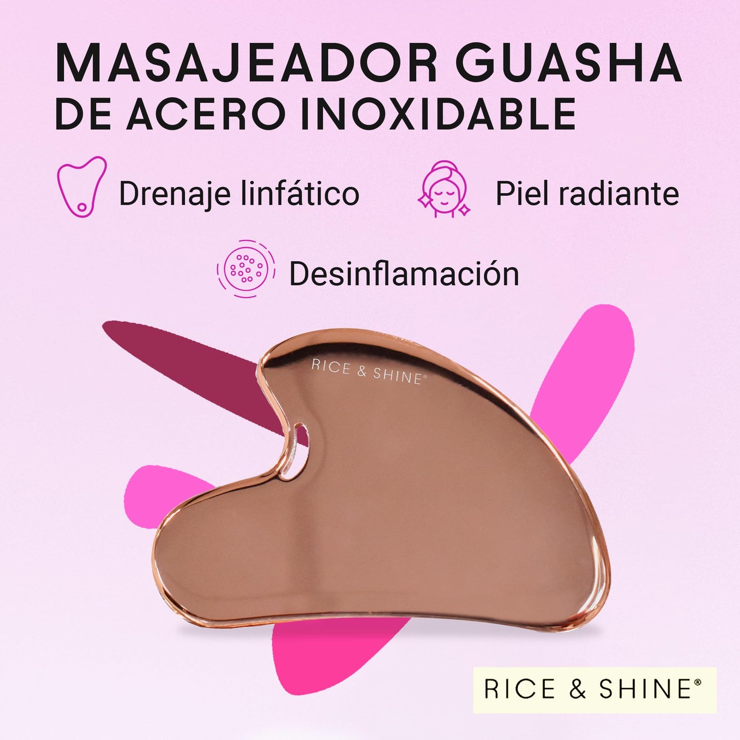 Masajeador Facial Gua Sha de Acero Inoxidable Rosa | Guasha para Drenaje Linfático y Desinflamación | Herramienta de Belleza y Cuidado Facial | Ideal para Piel Radiante y Suave | RICE & SHINE