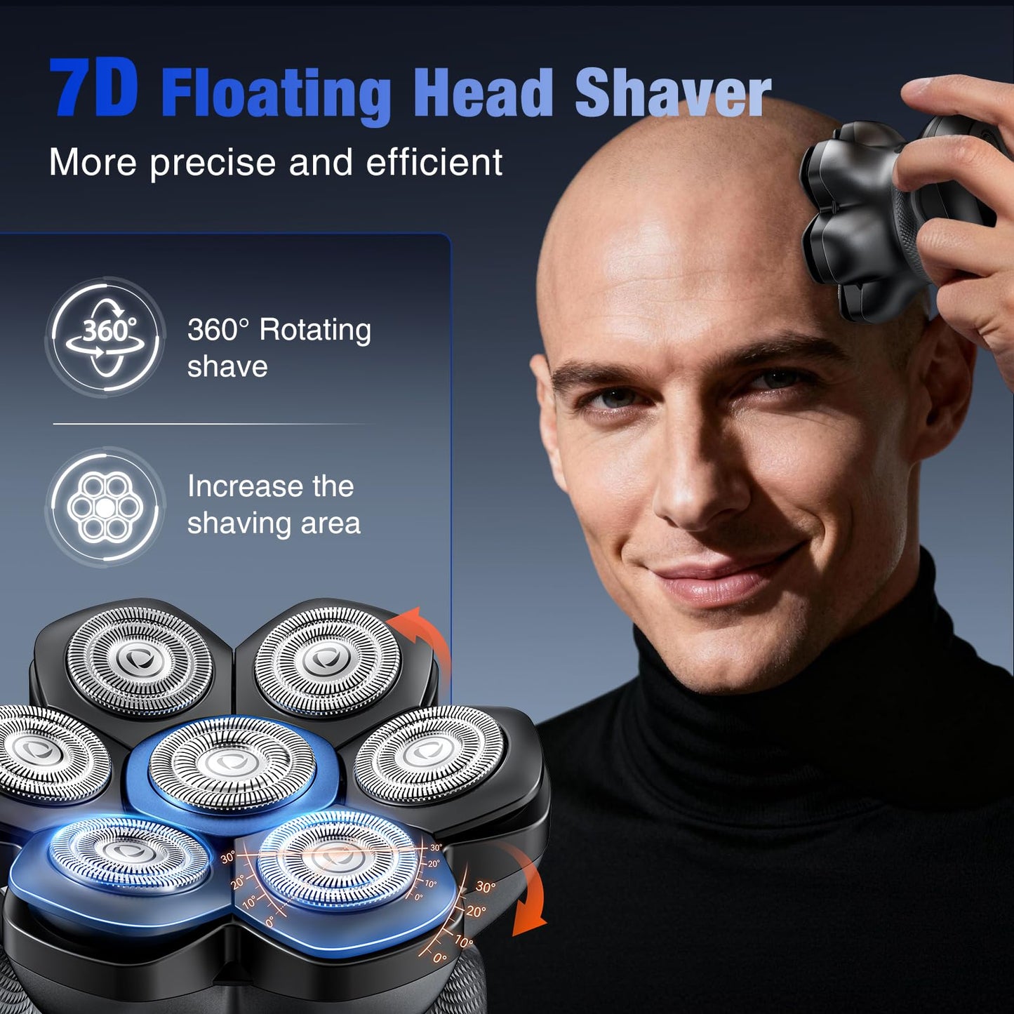 Kensen - Afeitadoras de cabeza 7D para hombres calvos, afeitadora eléctrica de doble velocidad, IPX6, impermeable, para uso húmedo/seco, pantalla LED de afeitado, sin cables, para hombre (gris)