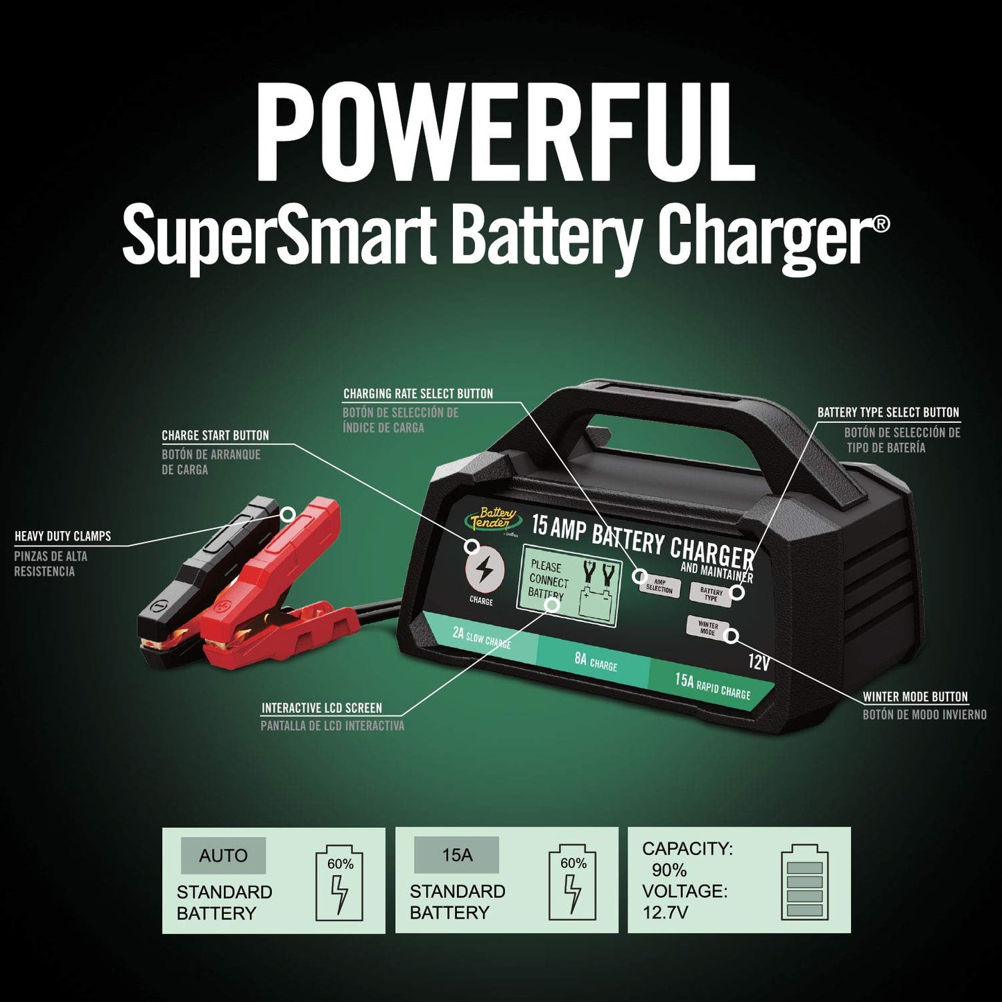 Battery Tender - Cargador y mantenedor de batería de 15 amperios, 12 V, conmutable 15 amperios, 8 amperios, 2 amperios, Gel AGM estándar de química Seleccionable, visualización LCD, 022-0234-DL-WH