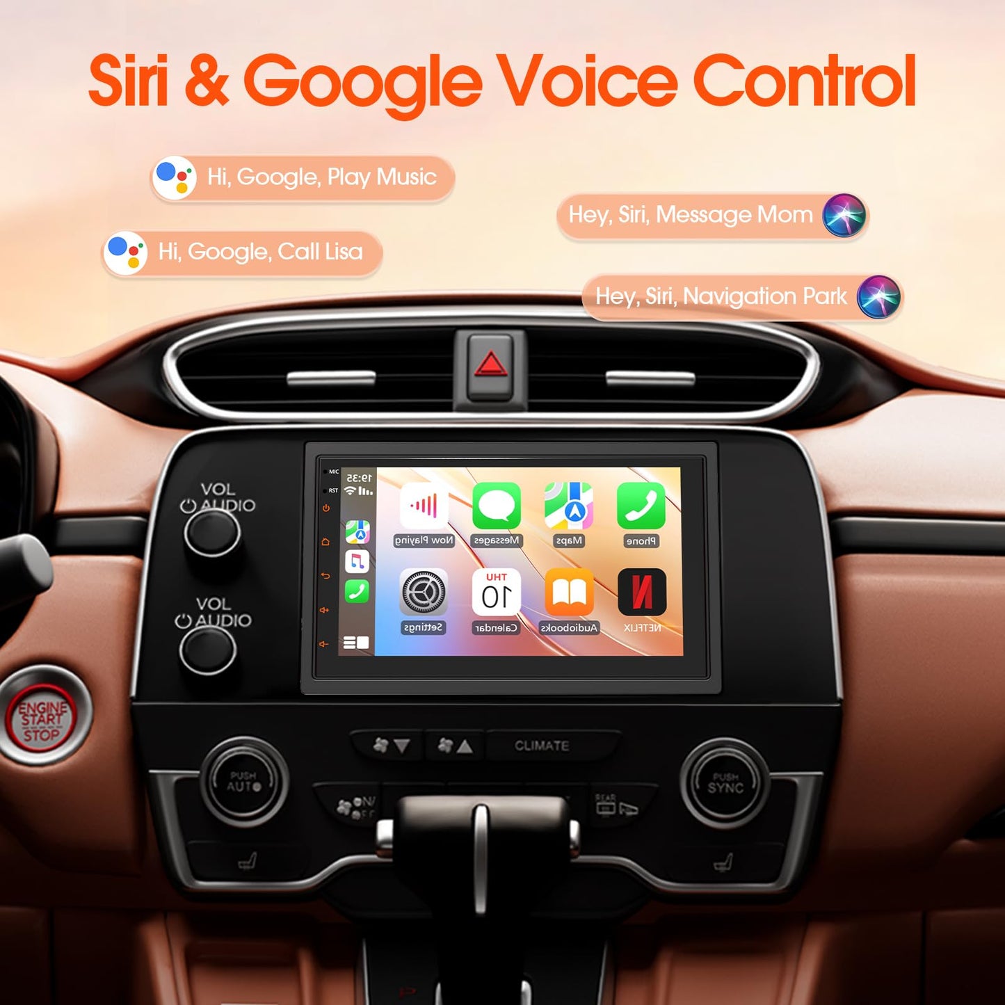 Haudio Estéreo de coche doble din, visualización táctil HD de 7 pulgadas con Apple Carplay y Android Auto, enlace espejo, Bluetooth 5.4, SWC, subwoofer, 5.1 CHN, cámara de respaldo, 2+64 GB, receptor