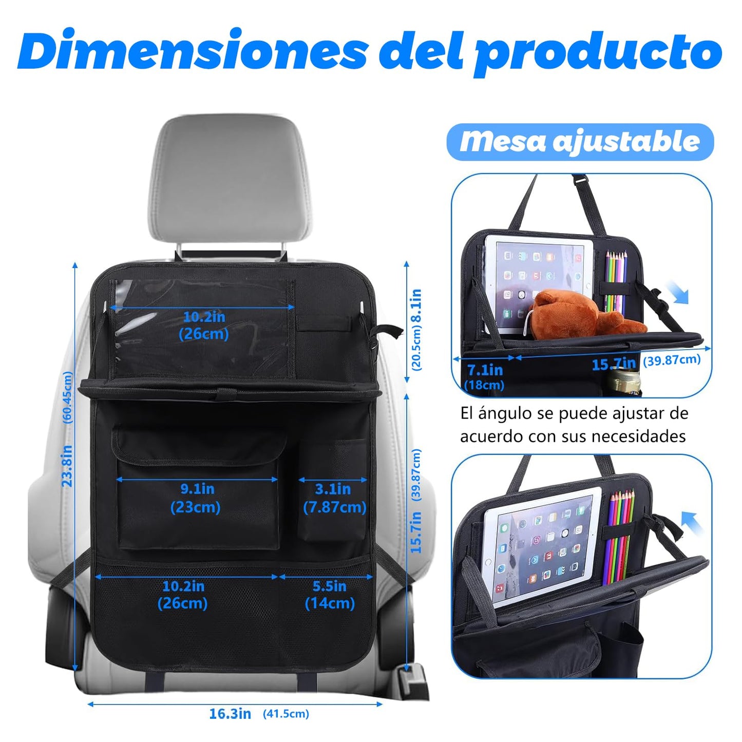 Organizador para Asiento Trasero de Auto con Bandeja, Bolsa de Almacenamiento y Protector de Asiento para Coche, Accesorio Esencial para Niños y Viajes Familiares en Carretera (Negro 1 pieza)