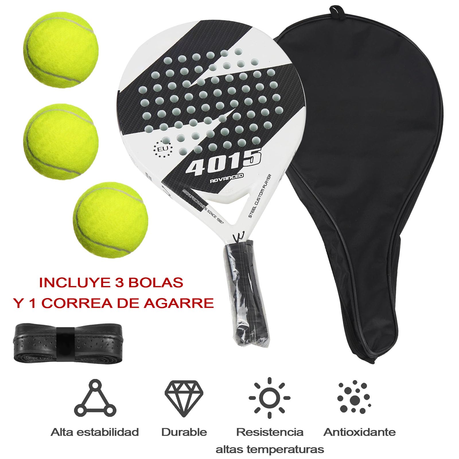 KUEIY Pala de pádel con Funda, con 3 Bolas y Grip, sándwich de Espuma EVA, Fabricada en Fibra de Carbono, Apta para Jugadores Principiantes e intermedios (Blanao)