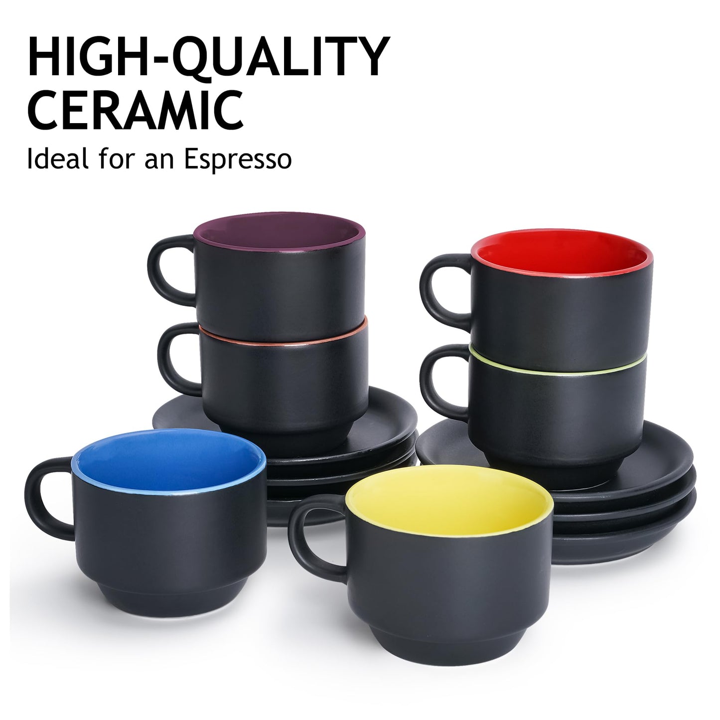 Juego de Tazas de Café Expreso MIAMIO Negro Interior Colorido 2.5 Onzas Colección Le Papillon