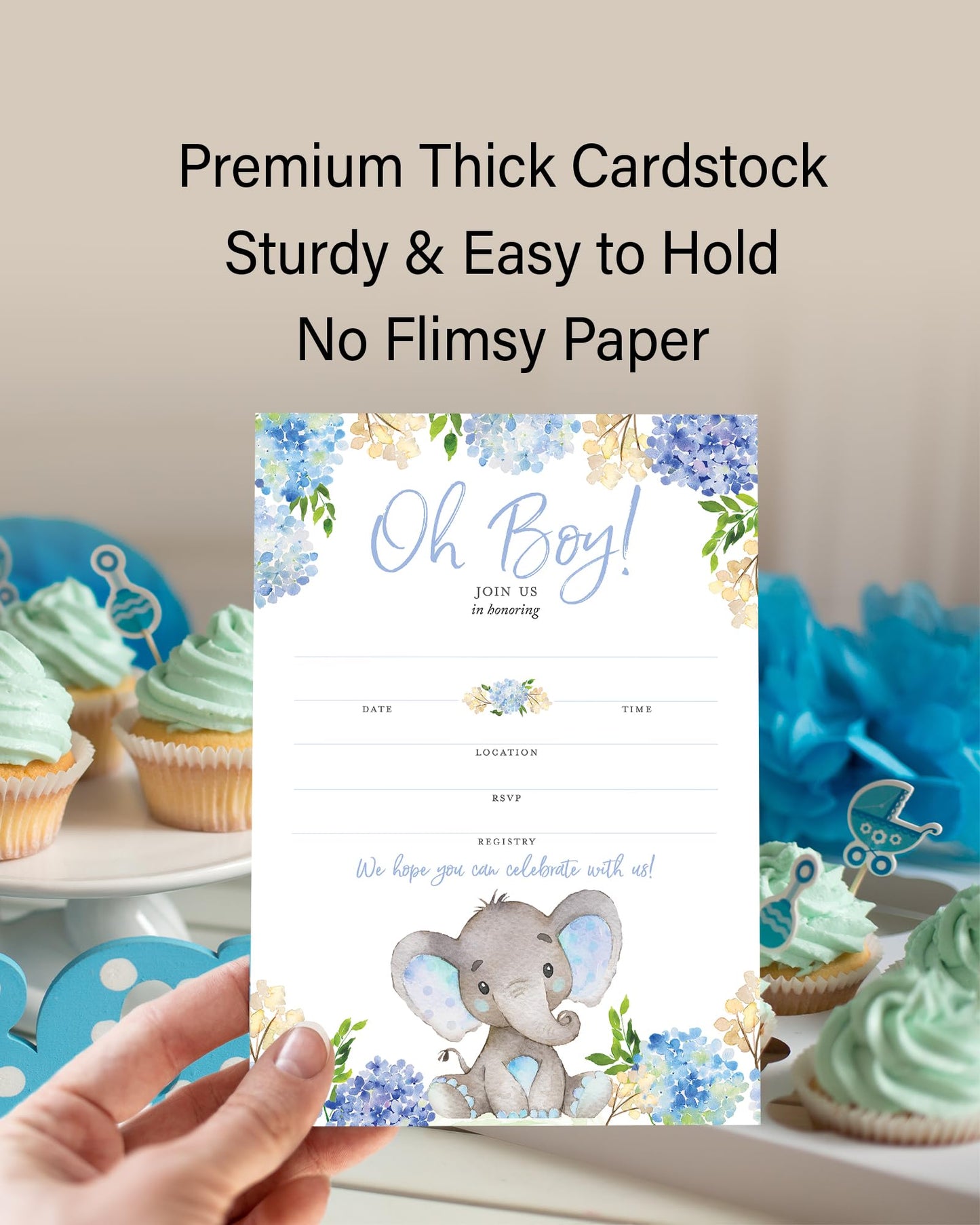 Blue ELEPHANT Baby Shower Invitations – Paquete de 25 – Baby Boy Blank Fill-in Baby Shower Invites, Oh Baby, Blue Floral Baby ELEPHANT Boy Baby Sprinkle Little Peanut Invitation SKU I531-INV1