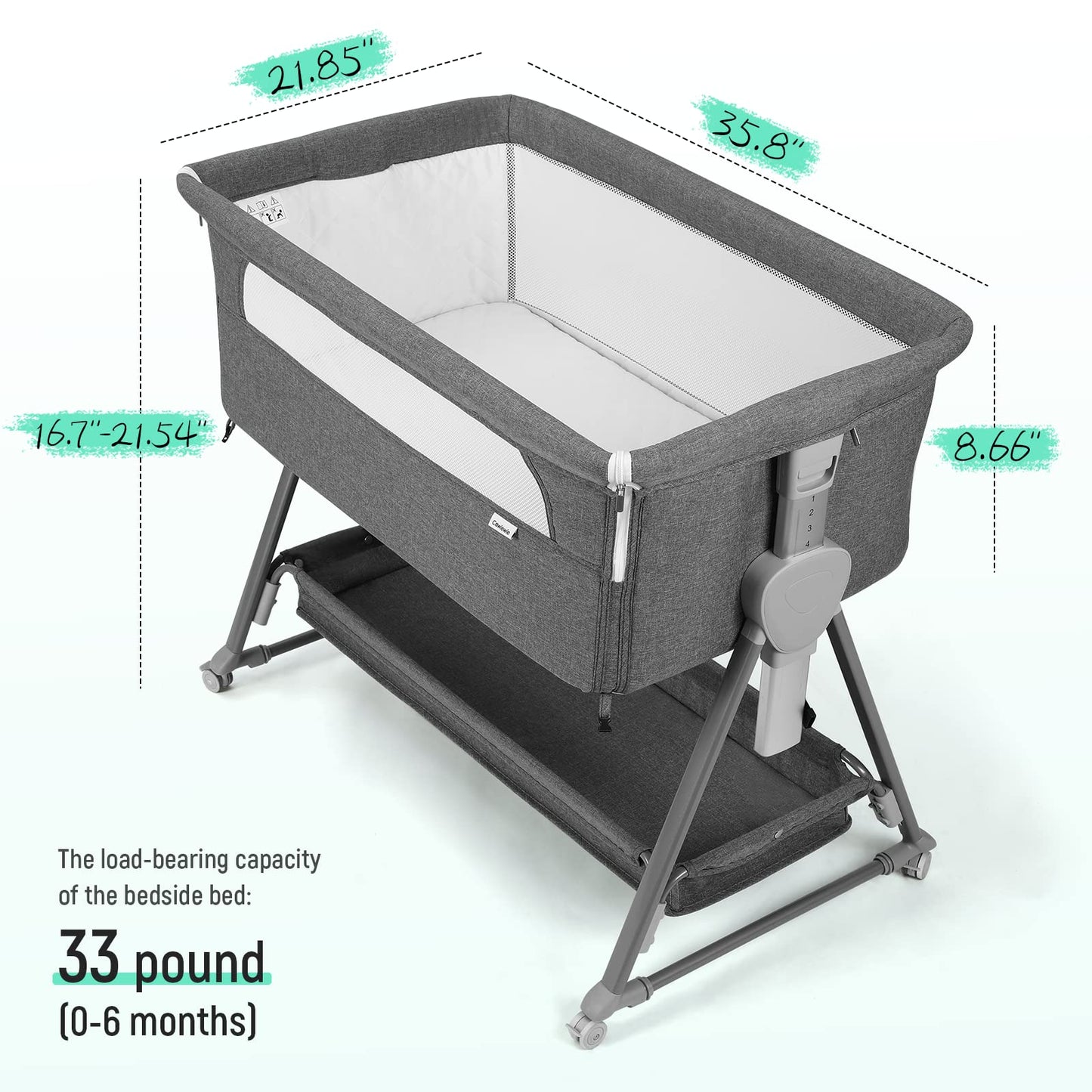 Cowiewie - Moisés para cama de noche, con 7 altura ajustable, moisés de noche para bebé con almacenamiento, malla transpirable y colchón, cuna portátil fácil de plegar (pirámide gris oscuro)