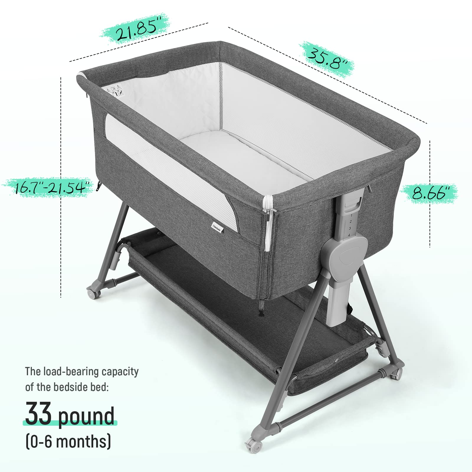Cowiewie - Moisés para cama de noche, con 7 altura ajustable, moisés de noche para bebé con almacenamiento, malla transpirable y colchón, cuna portátil fácil de plegar (pirámide gris oscuro)