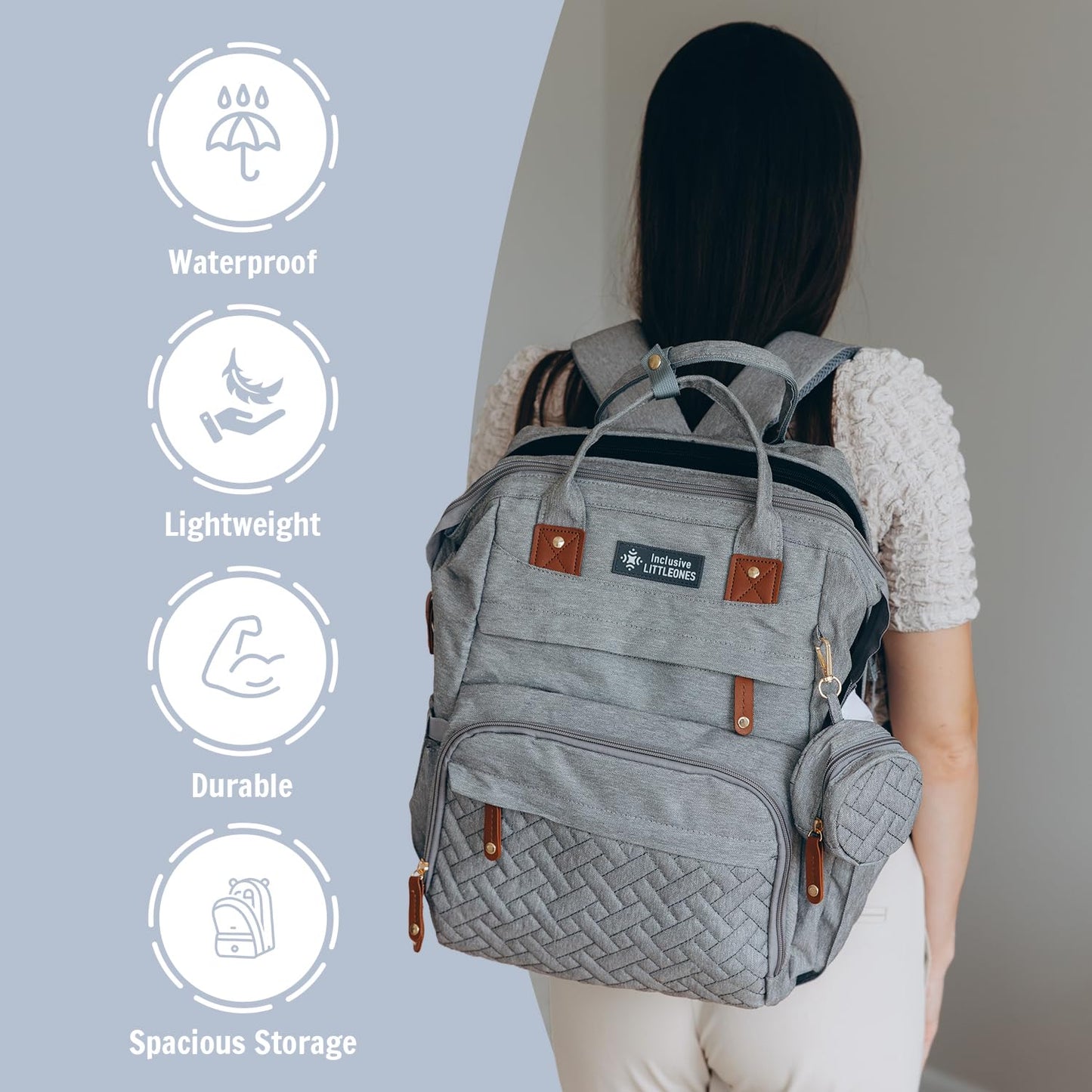 Inclusive LittleOnes - Mochila para pañales para bebé, almohadilla para cambiar, gran capacidad, puerto USB, funda para chupete, mosquitero y bolsa de toallitas | Elegante bolsa de viaje para niños