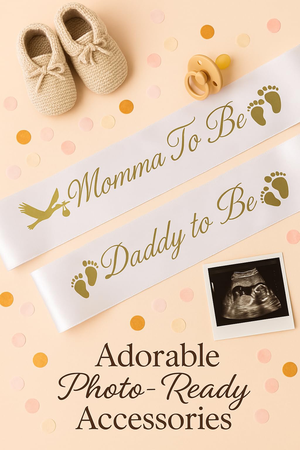 Paquete de fajas para baby shower "Momma To Be" y "Daddy To Be", con linda imagen de cigüeña (letras blancas y doradas), decoraciones para fiestas de baby shower para niñas y niños, regalos